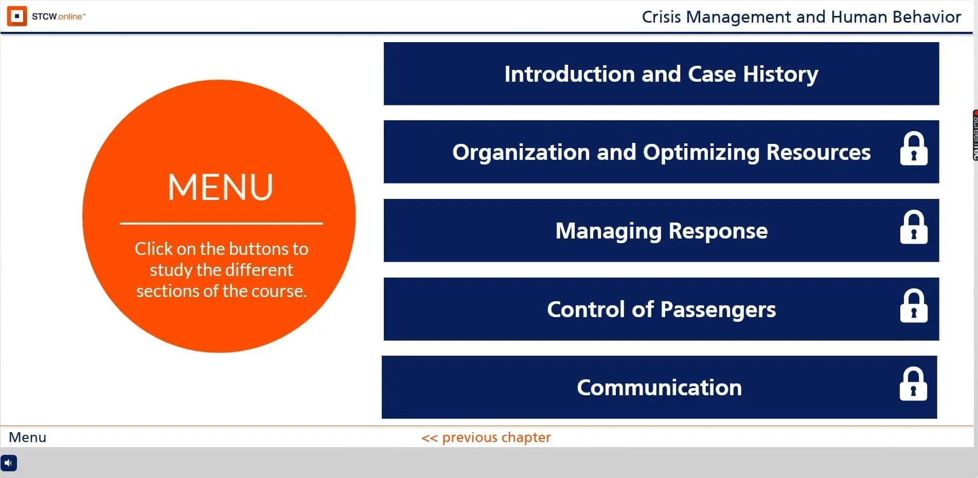STCW online course menu showing five sections: Introduction and Case History, Organization and Optimizing Resources, Managing Response, Control of Passengers, and Communication for Crisis Management and Human Behavior training.