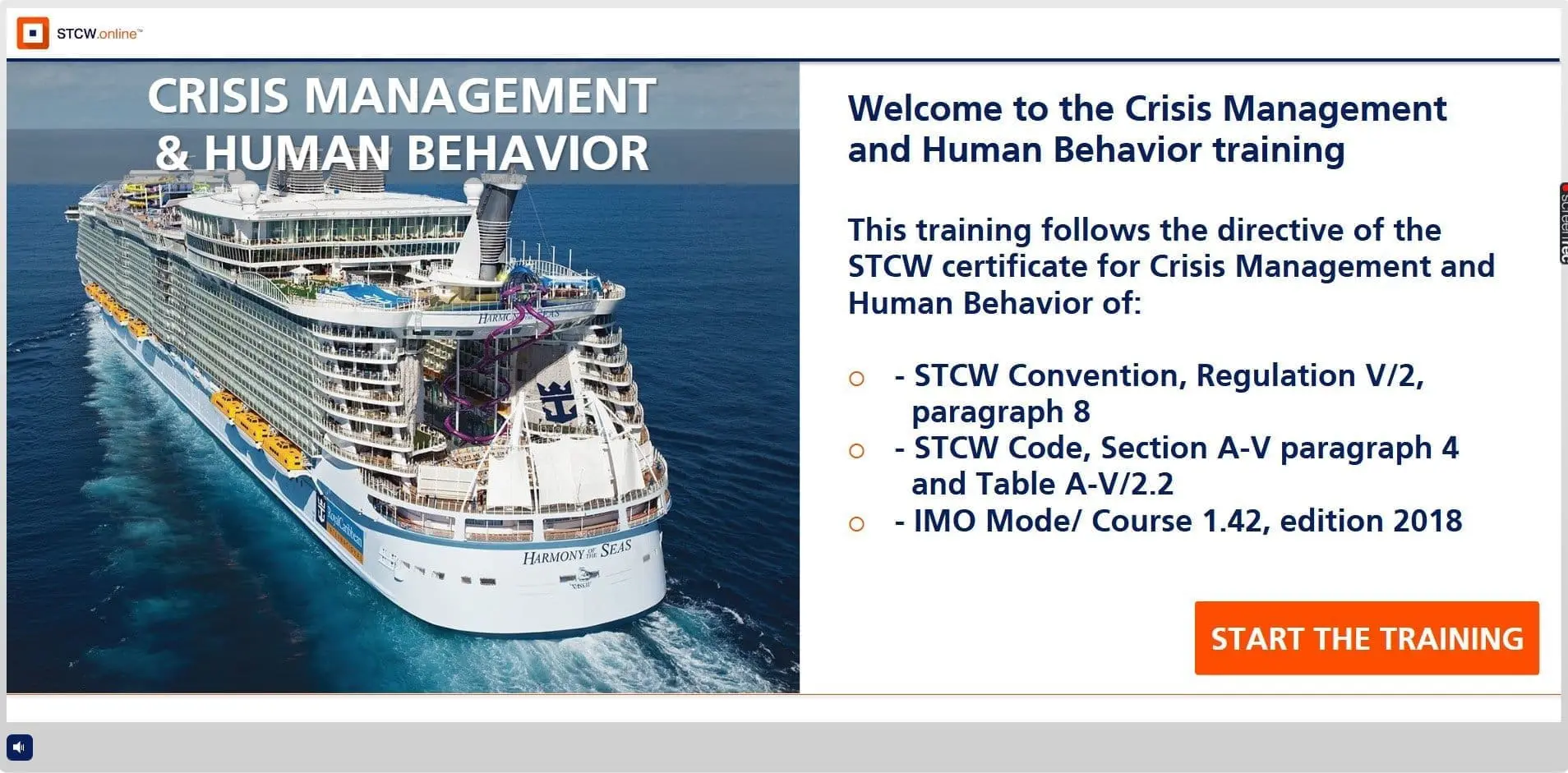 STCW online Crisis Management and Human Behavior training welcome screen featuring cruise ship Harmony of the Seas with training directive information and start button