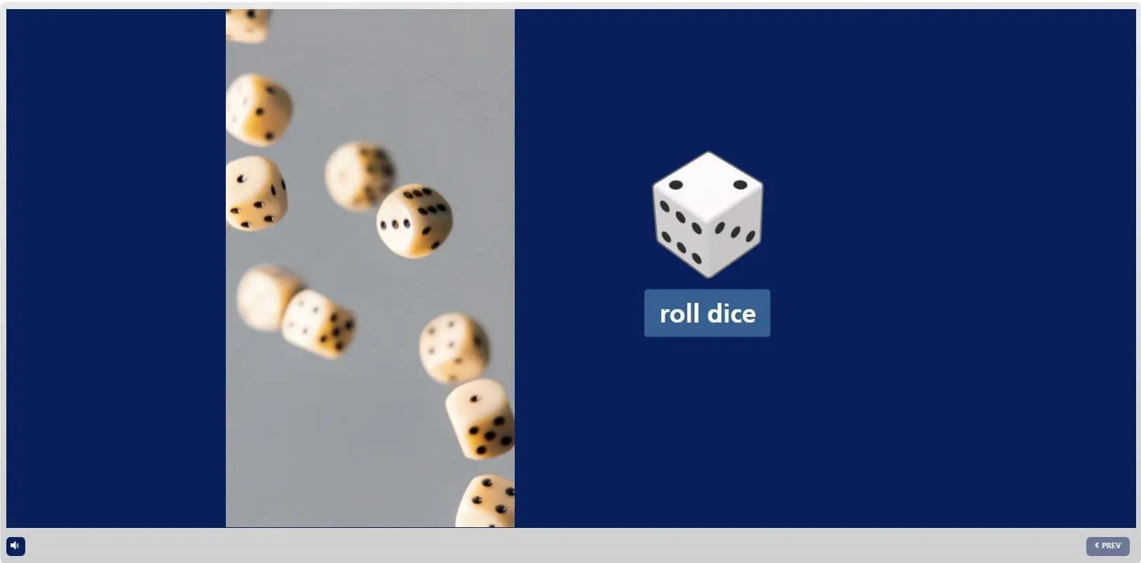 Multiple dice rolling on gray surface next to white die icon labeled roll dice for Crisis Management and Human Behavior online training course