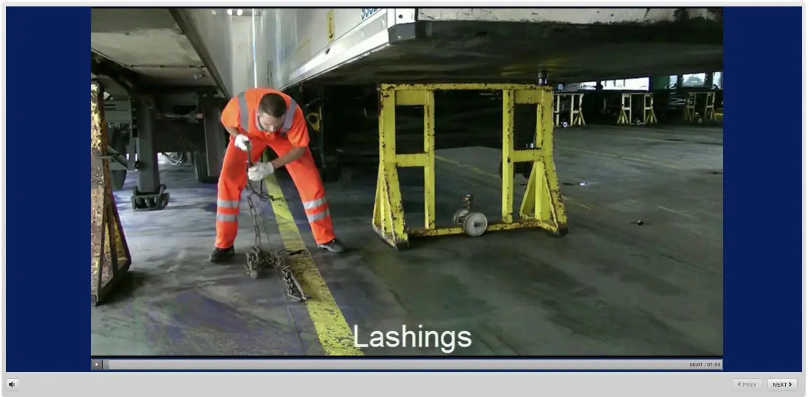 Worker in orange safety gear securing cargo lashings to yellow framework on ro-ro ship deck during STCW cargo safety training