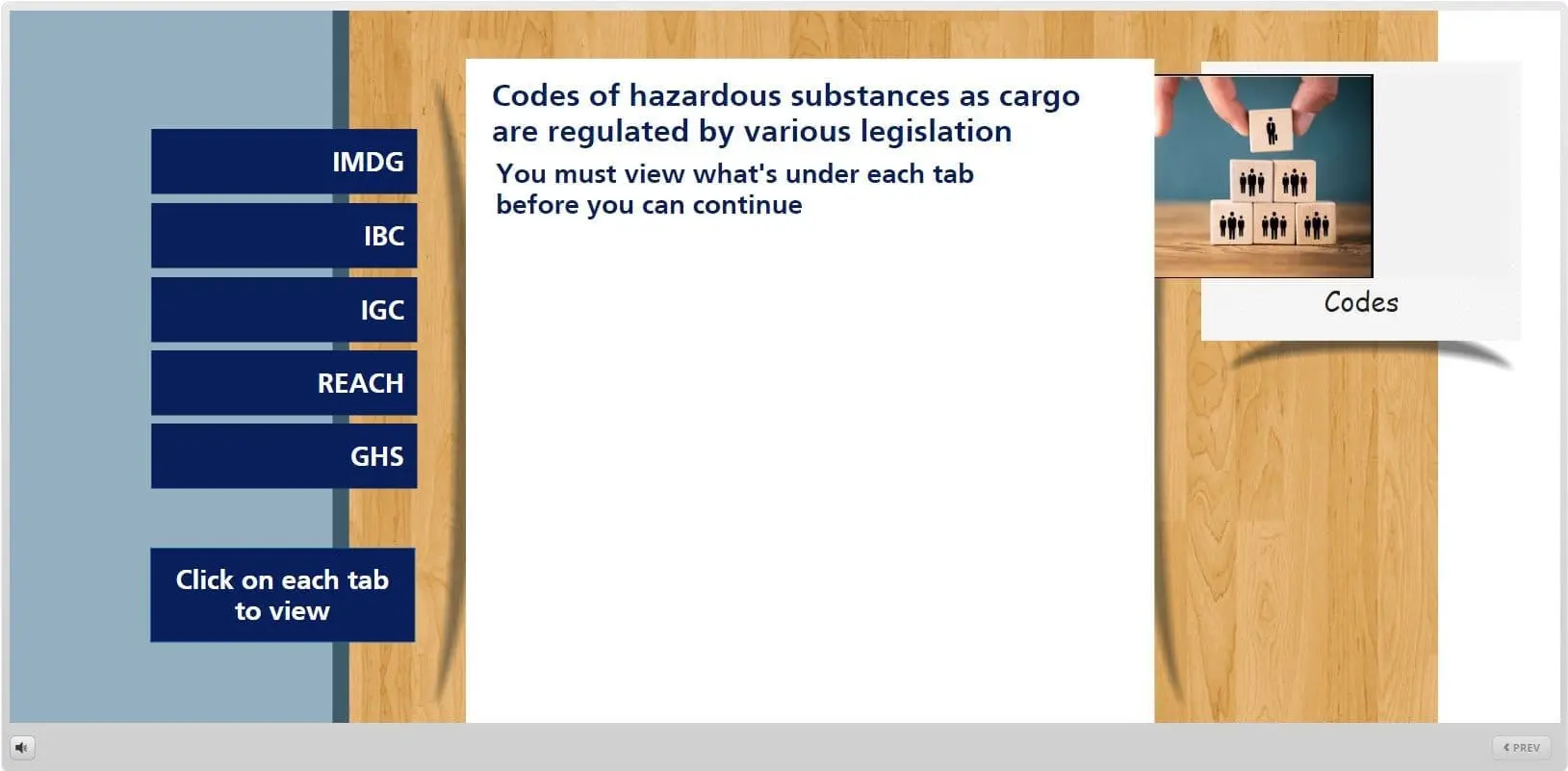Interactive learning interface showing IMDG, IBC, IGC, REACH, and GHS regulatory codes for hazardous cargo substances with clickable tabs for maritime safety training