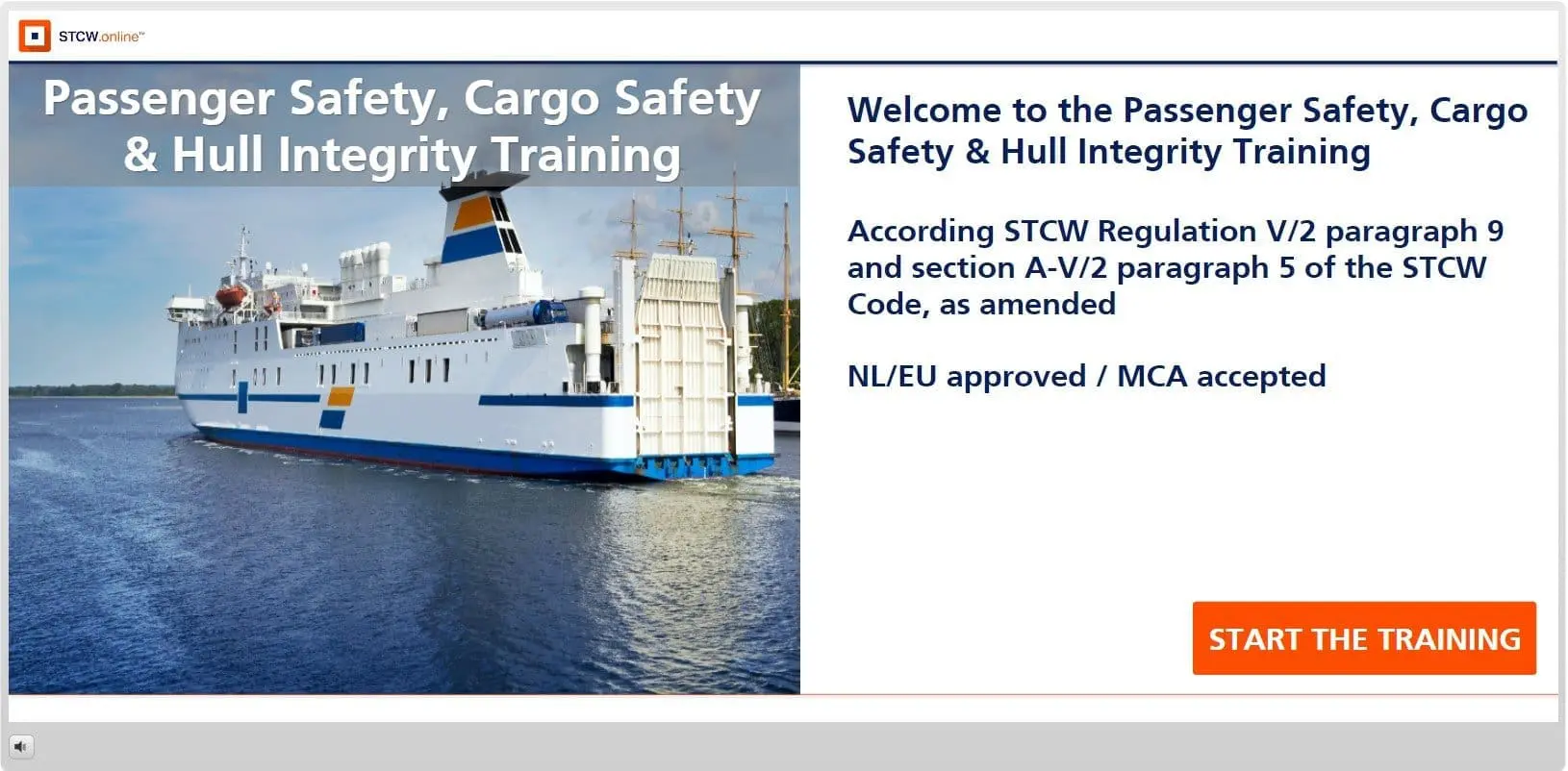 STCW online training portal for Passenger Safety, Cargo Safety and Hull Integrity featuring a ro-ro passenger ship docked at port with START THE TRAINING button