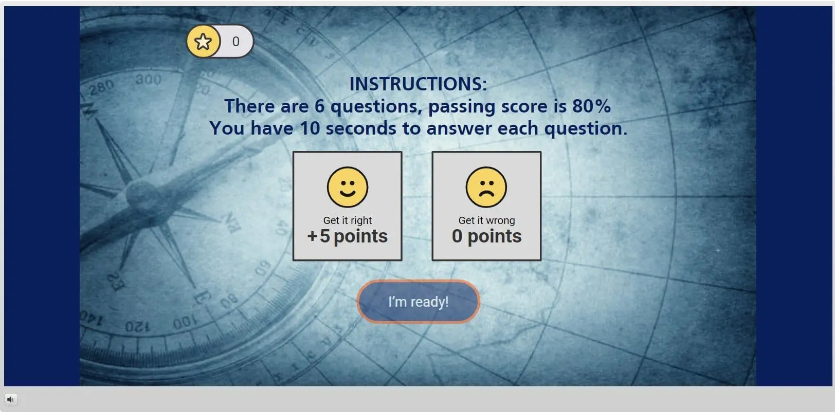 Quiz instructions screen showing 6 questions with 80% passing score, 10 seconds per question, and scoring: +5 points for correct answers, 0 points for wrong answers