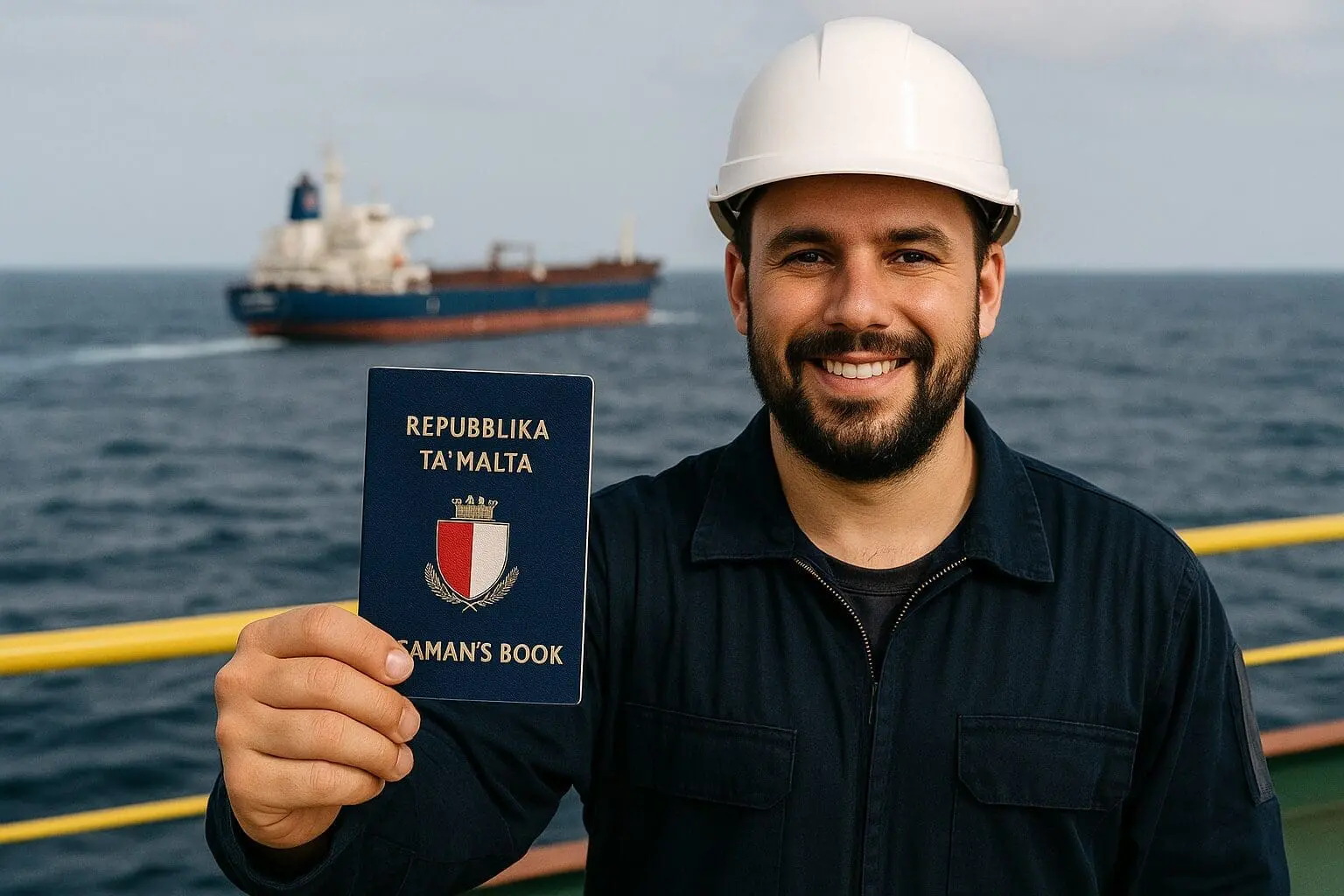 Maritime worker in hard hat displaying Malta Seaman Book aboard ship with cargo vessel in background