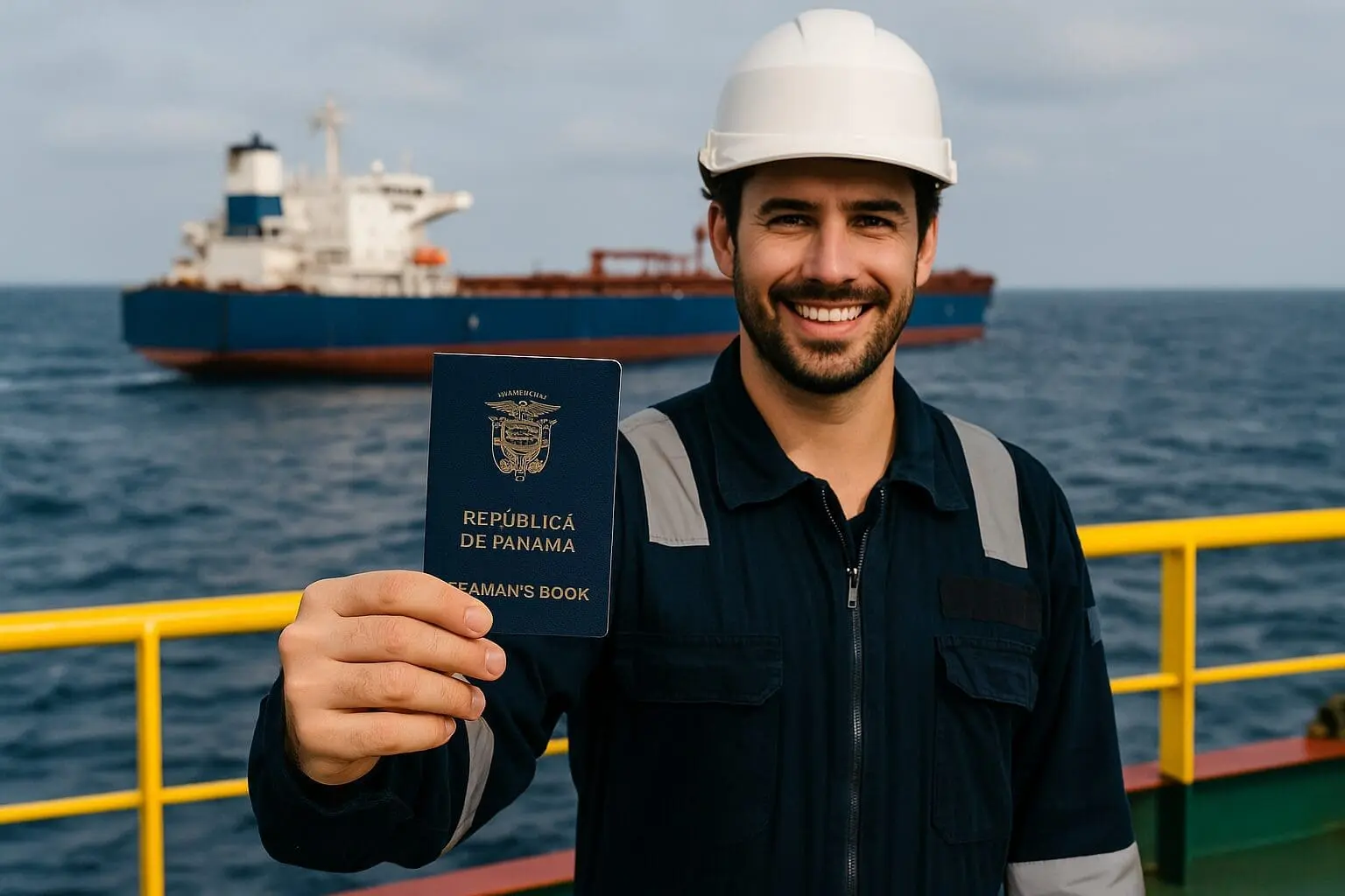 Maritime worker in hard hat holding Panama seaman's book on cargo ship deck with vessel in background