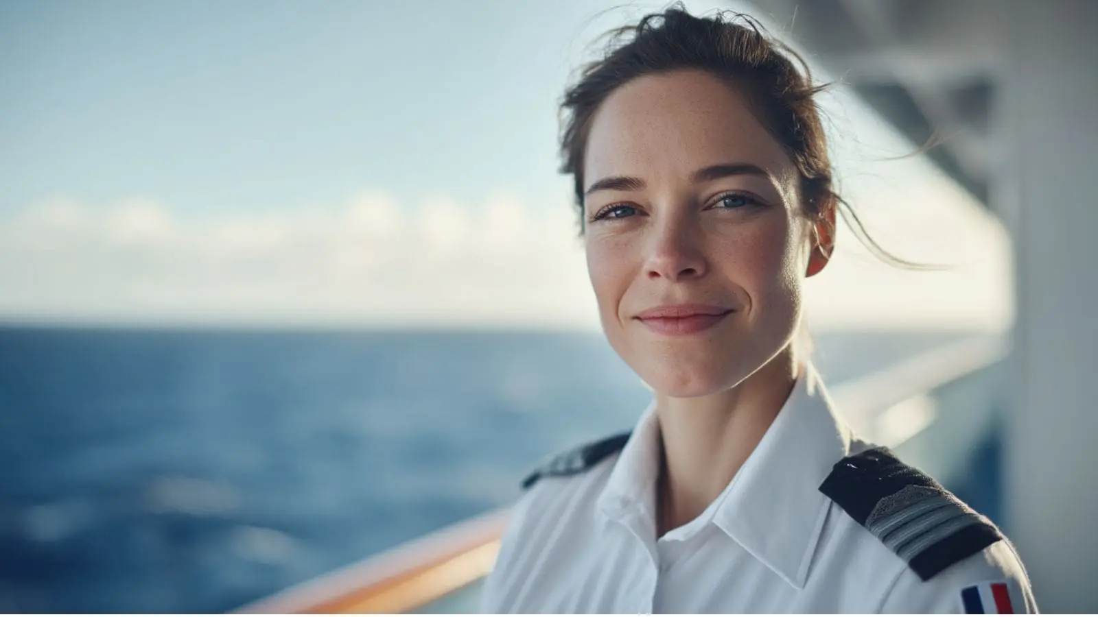 Female maritime officer in white uniform with captain insignia standing on ship deck overlooking ocean, representing professional seafaring training