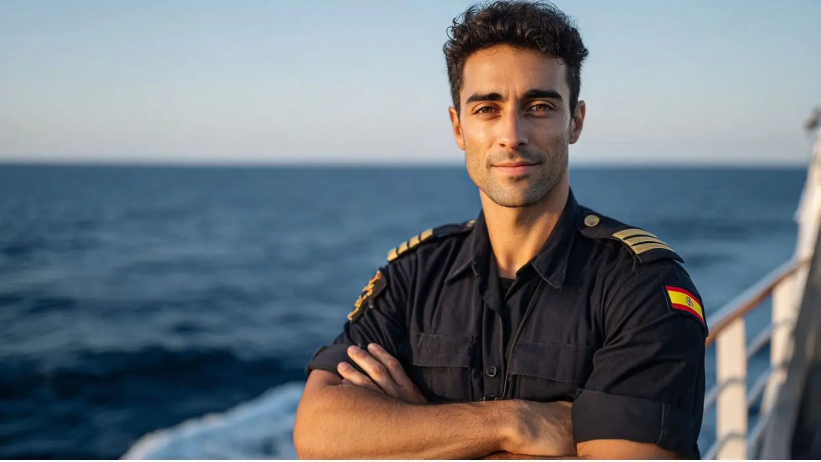 Spanish Navy officer in uniform standing on ship deck with ocean background for STCW maritime training