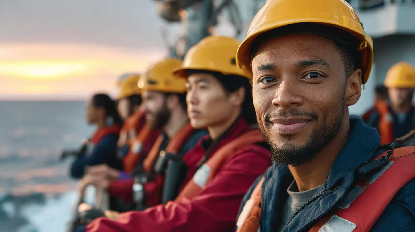 Diverse maritime workers wearing hard hats and life vests on commercial ship deck at sea, representing professional maritime crew training and STCW certification