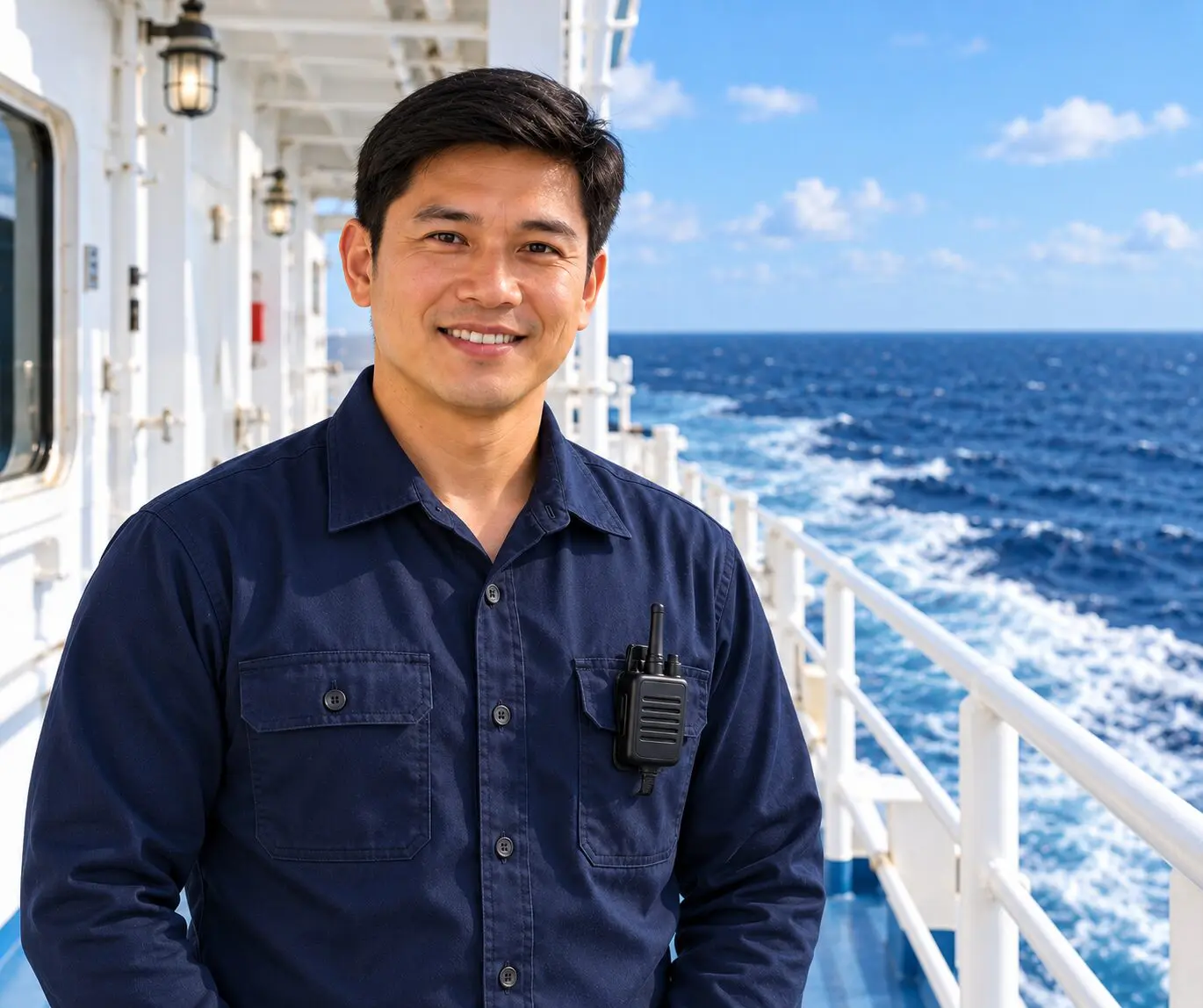 Merchant crewman on deck at sea
