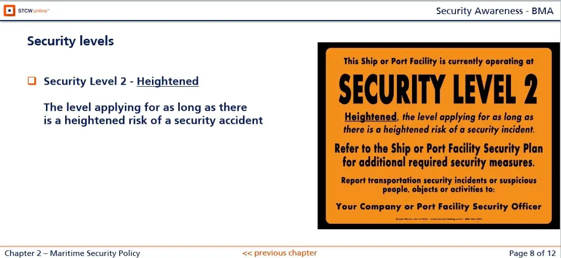 Security Level 2 Heightened alert notice for maritime vessels and port facilities with reporting instructions for transportation security incidents