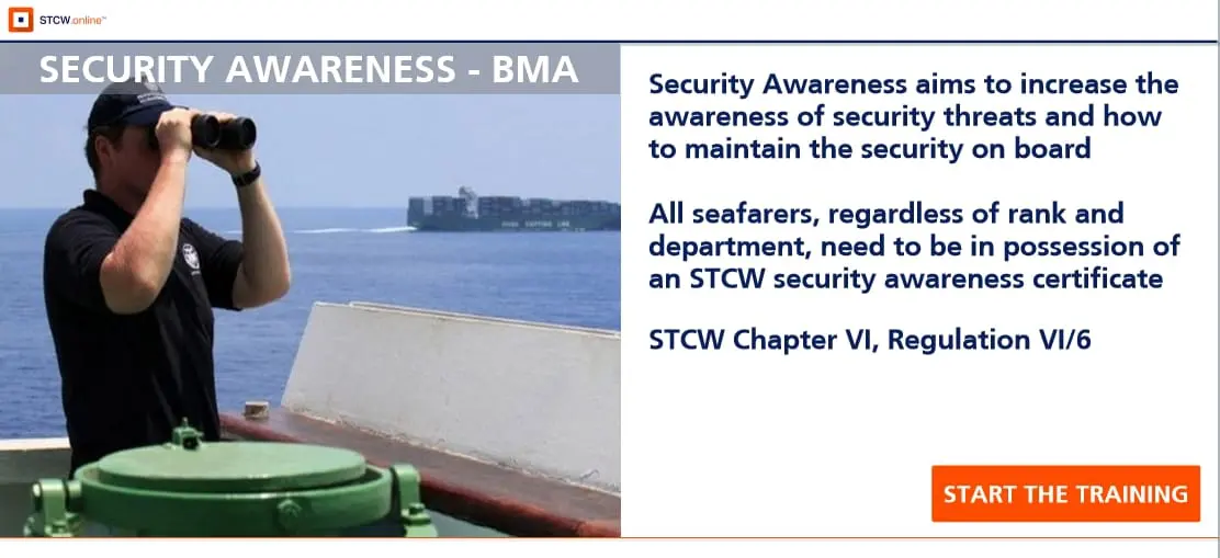 Seafarer using binoculars on ship deck with cargo vessel at sea, promoting STCW Security Awareness certification training for maritime safety