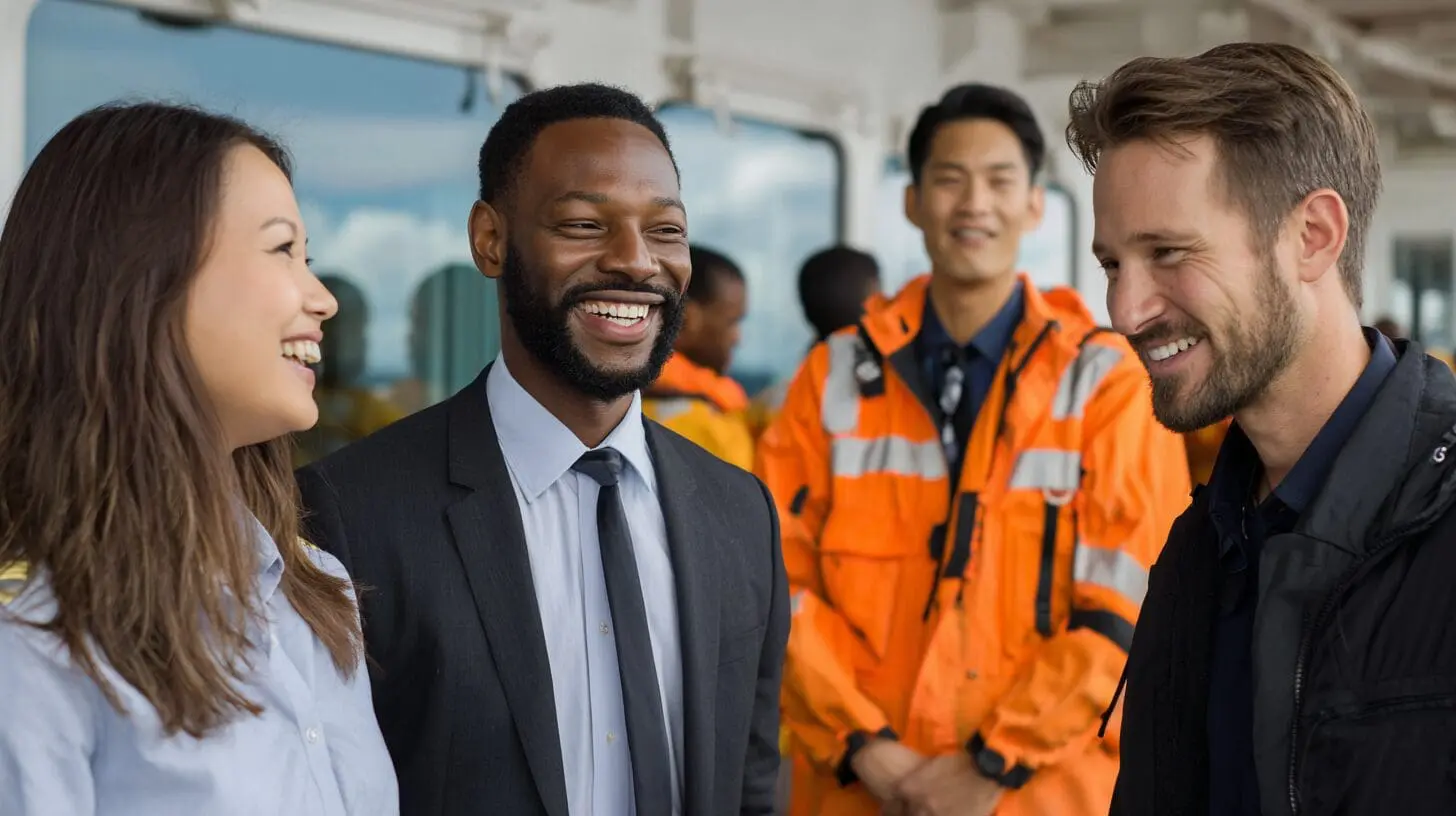 Diverse maritime professionals smiling together on a cruise ship, including crew members in orange safety gear and officers in business attire, demonstrating teamwork and human factors in maritime training.