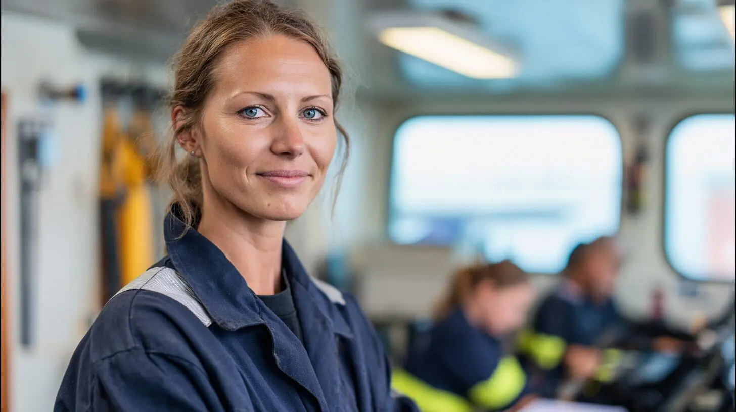 Female industrial worker in navy uniform leading workplace training session with team members in background, representing corporate safety and harassment awareness education