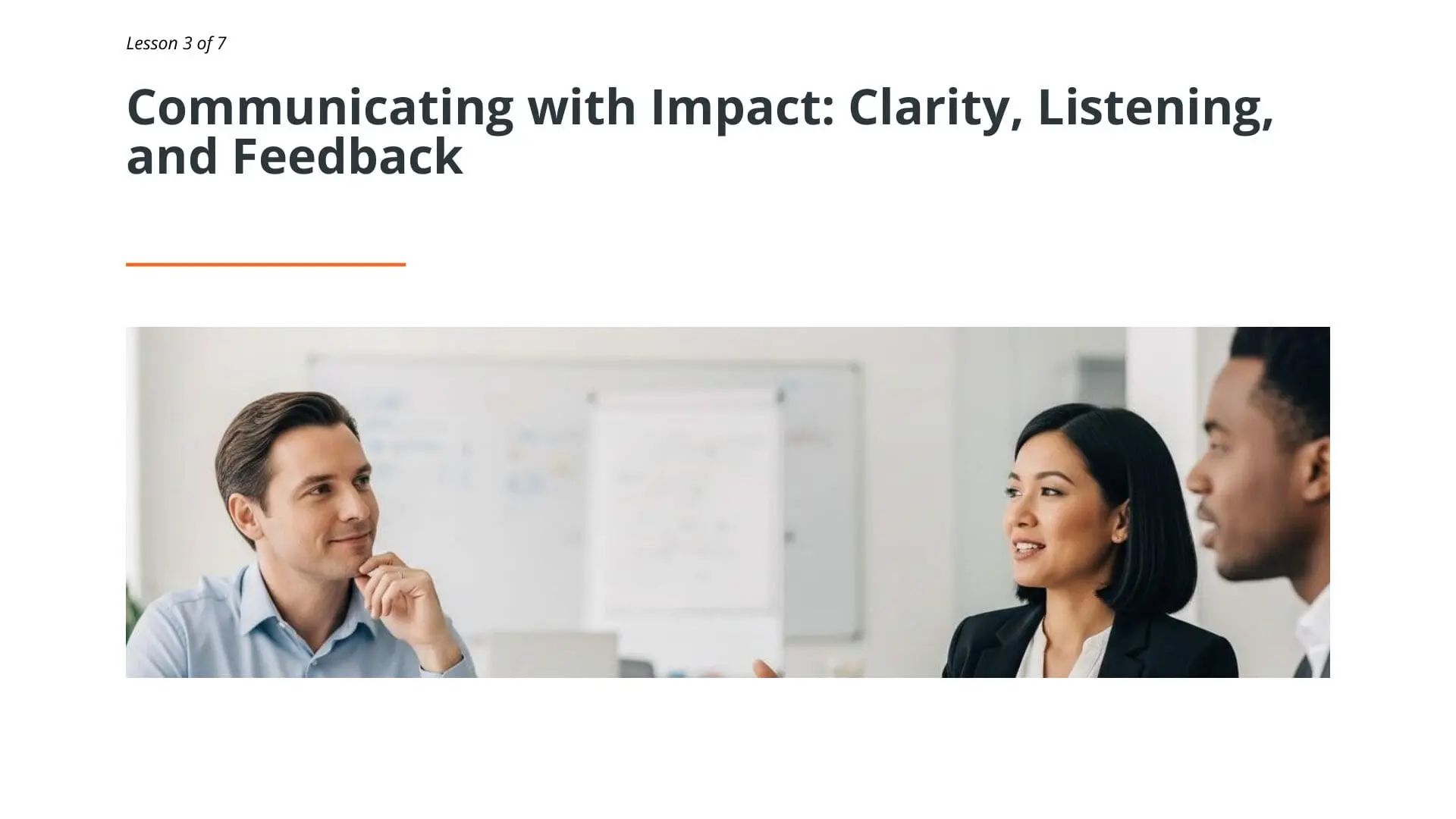 Three maritime professionals engaged in collaborative discussion demonstrating effective communication and active listening skills in a modern office environment