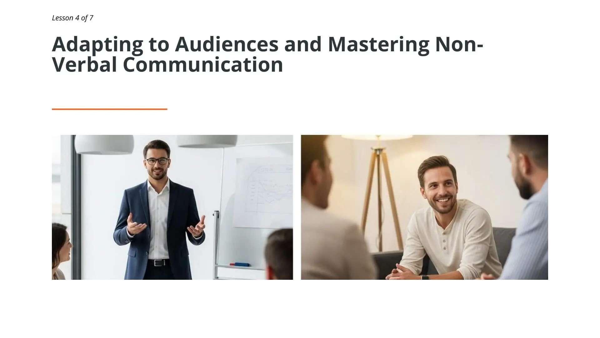 Professional presenting to team at whiteboard and man engaged in conversation demonstrating audience adaptation and non-verbal communication skills for maritime professionals
