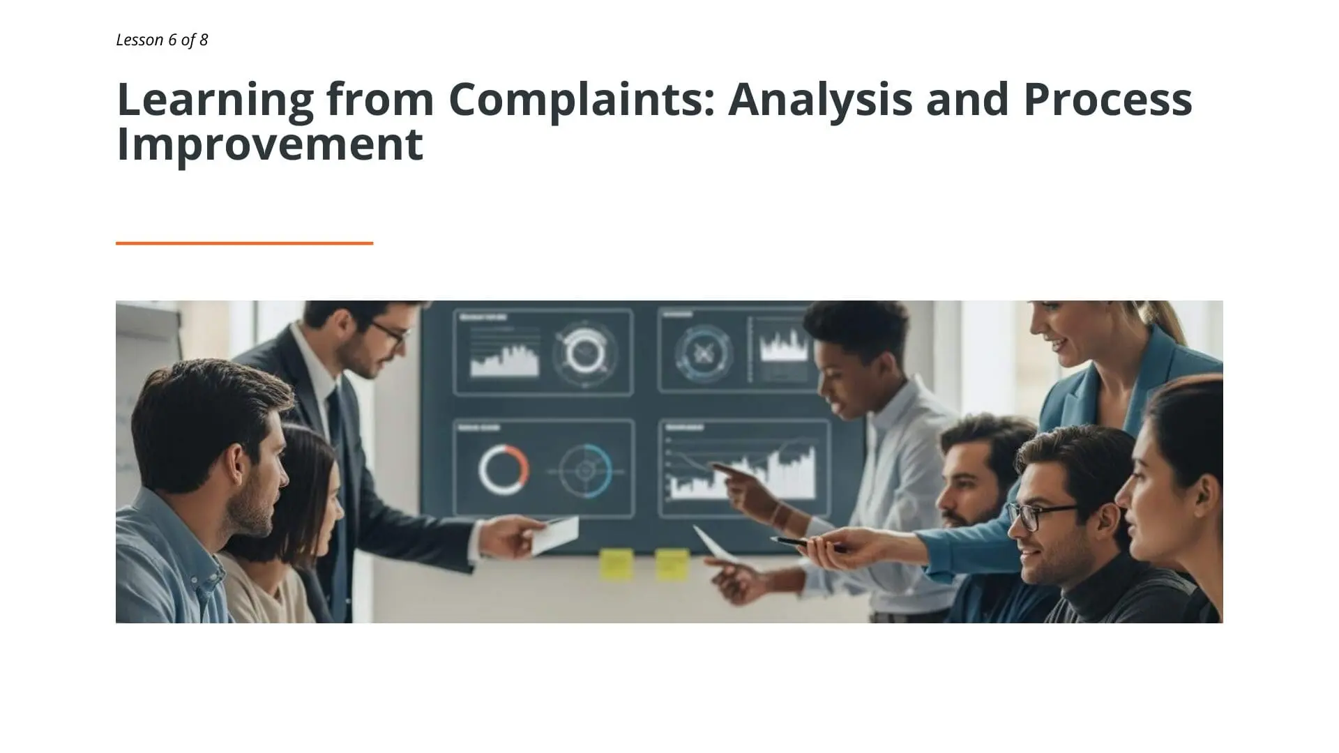 Professional team reviewing analytics dashboard during complaint analysis and process improvement discussion for customer service training