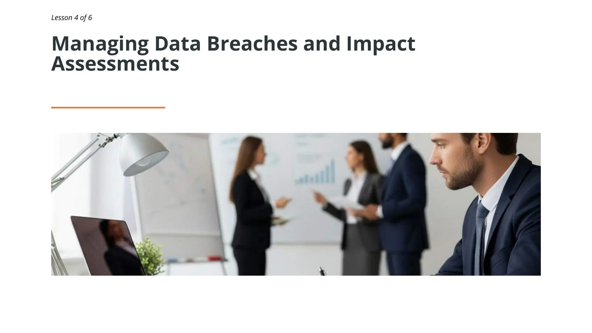 Professional team discussing data breach management and impact assessments in modern office setting with charts and analytics
