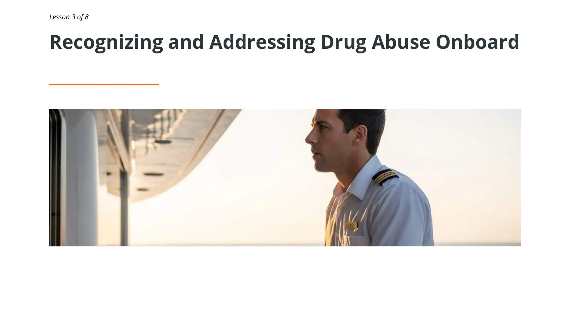Superyacht officer in uniform on deck during drug abuse awareness training lesson for maritime crew safety and prevention
