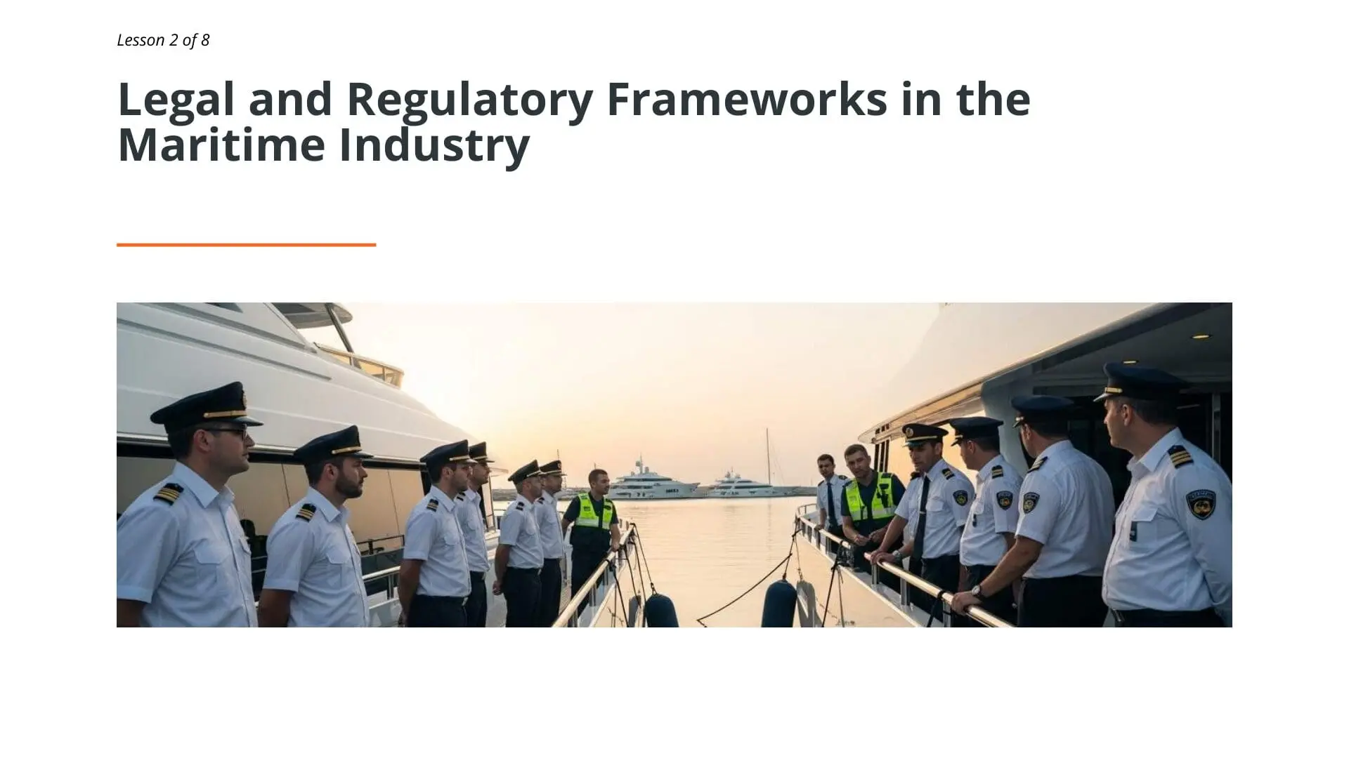 Maritime officers in uniform conducting safety briefing on superyacht deck during golden hour, representing maritime legal and regulatory compliance training