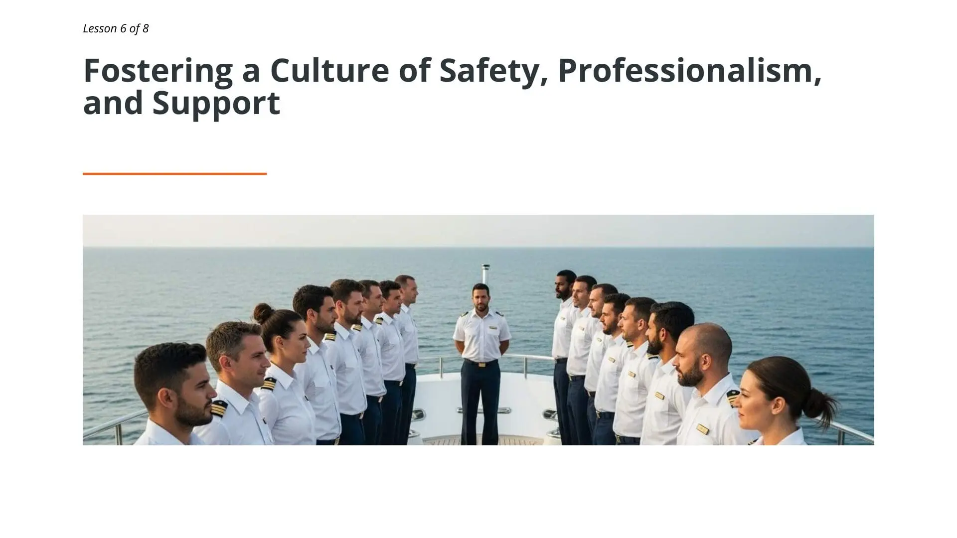 Professional superyacht crew members in white uniforms standing in circle on deck during safety briefing, fostering culture of safety and professionalism