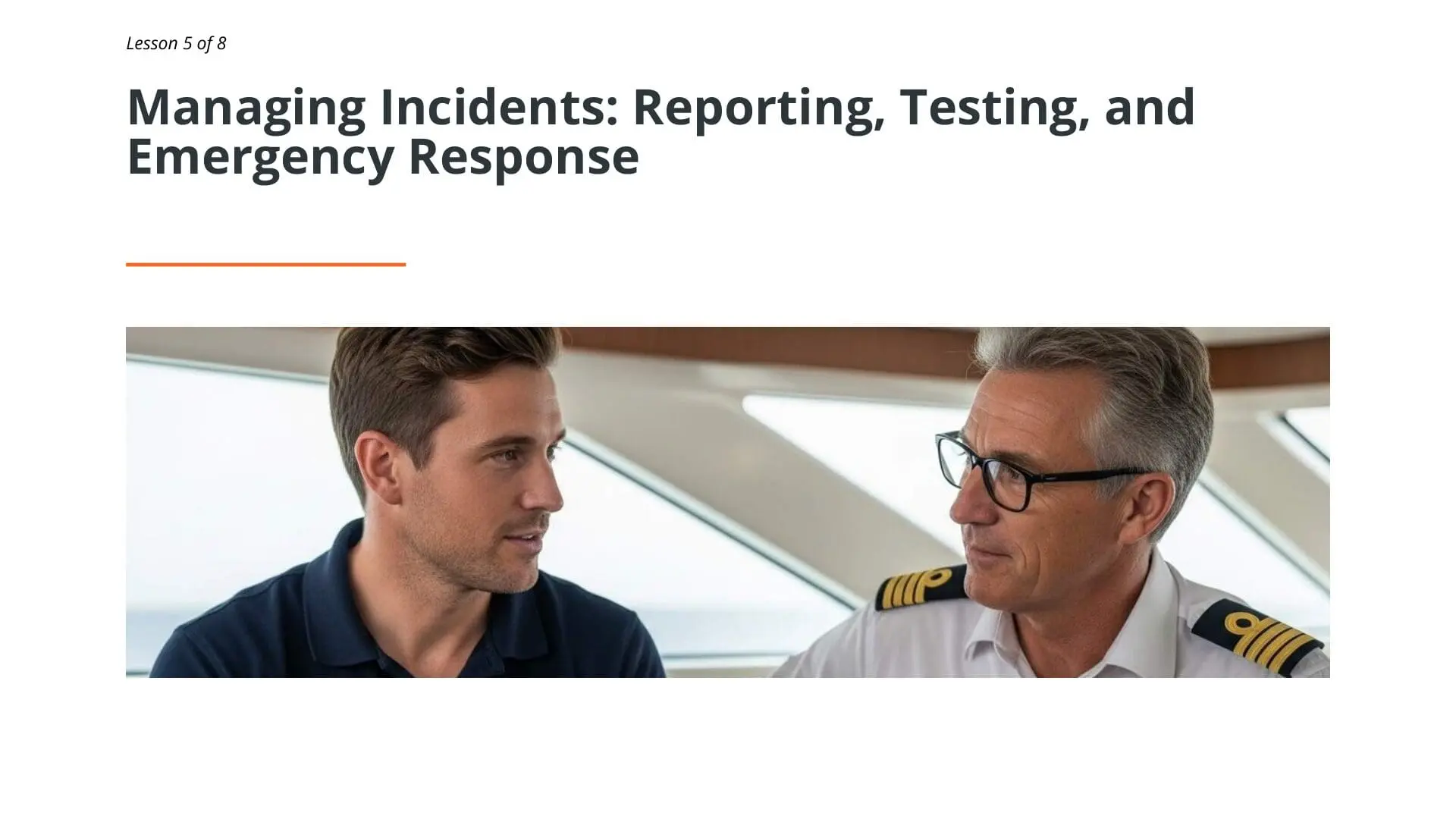 Two maritime professionals discussing incident management procedures on a superyacht, demonstrating emergency response communication and crew training