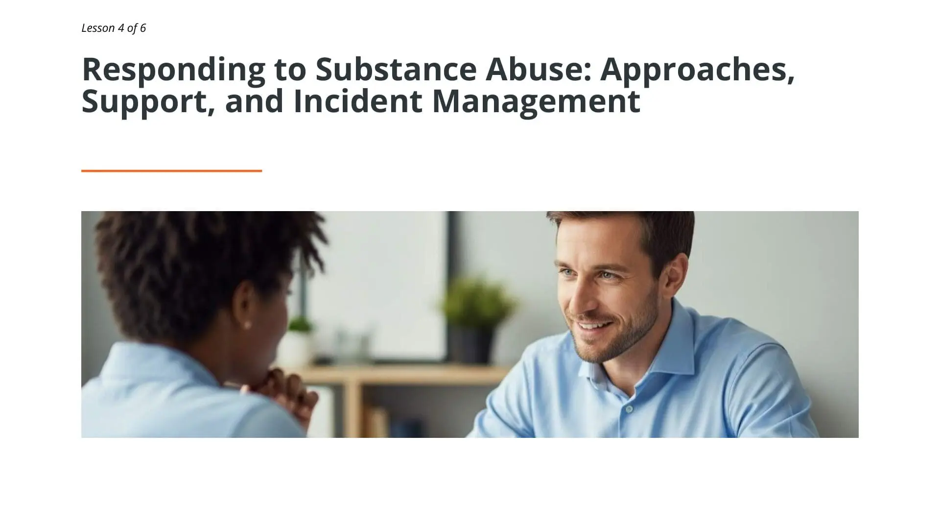 Maritime professional counselor providing supportive guidance on substance abuse response and incident management in workplace setting