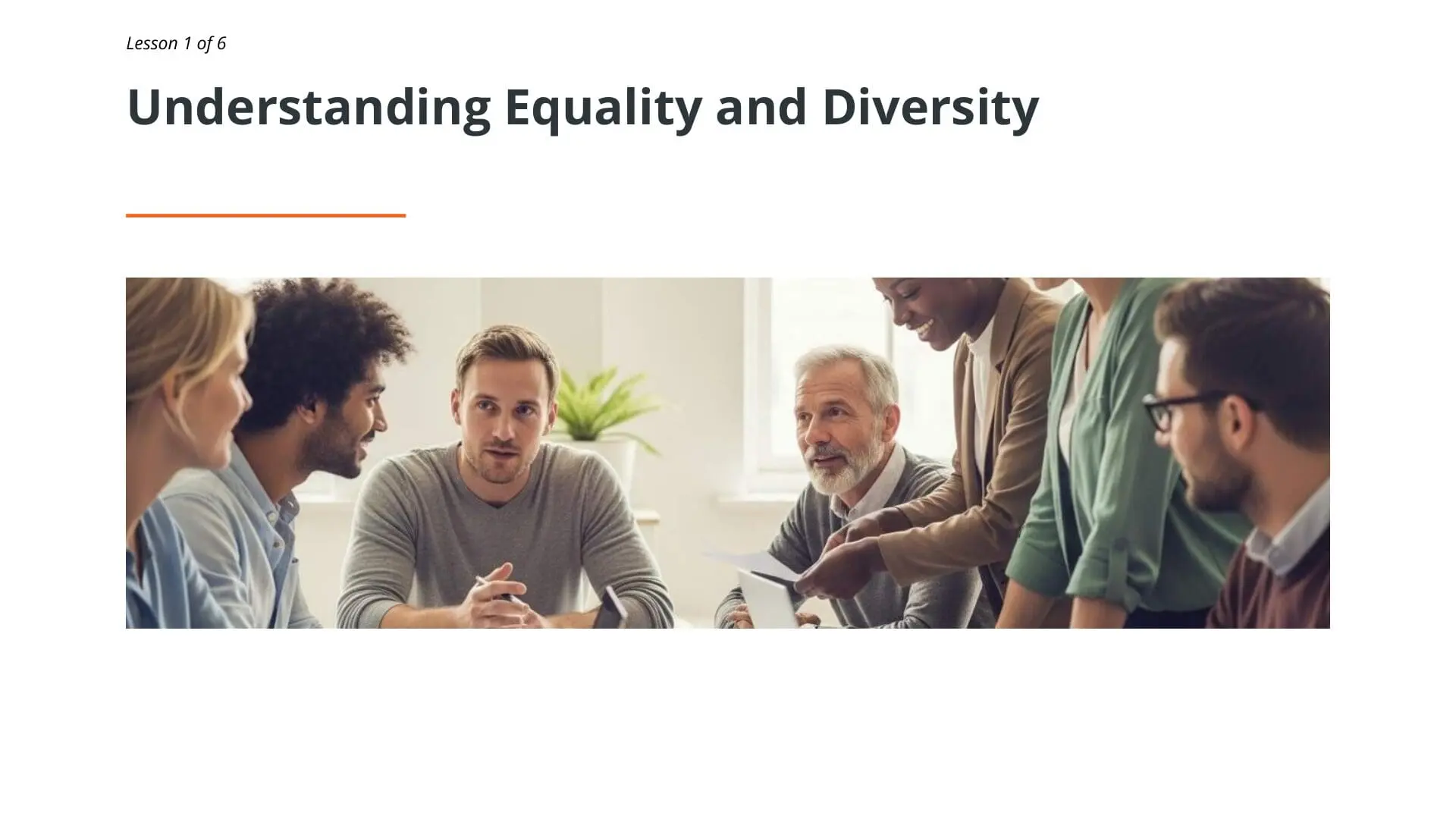 Diverse workplace team engaged in collaborative discussion about equality and diversity training in modern office environment