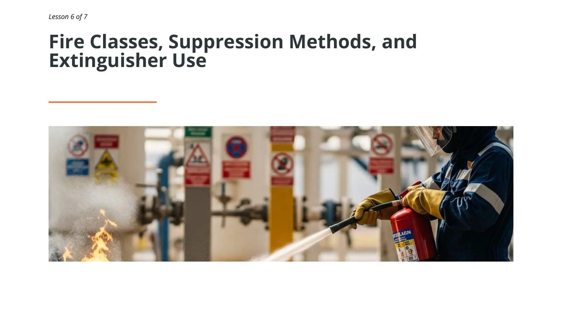 Fire warden in protective gear using red fire extinguisher to suppress flames in industrial facility with safety signage