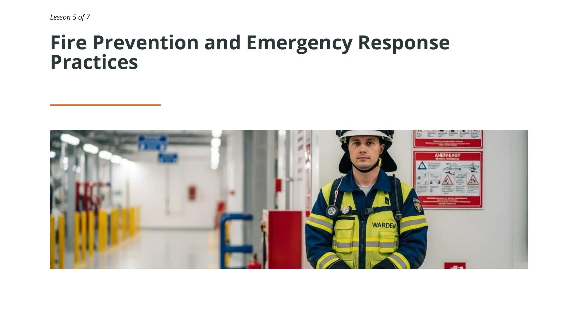 Fire warden in safety gear and hard hat standing in industrial facility with fire safety equipment and emergency signage visible on walls
