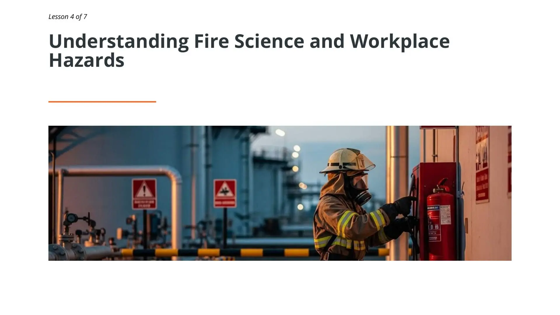 Fire warden in protective gear and helmet inspecting red fire extinguisher at industrial facility with hazard warning signs