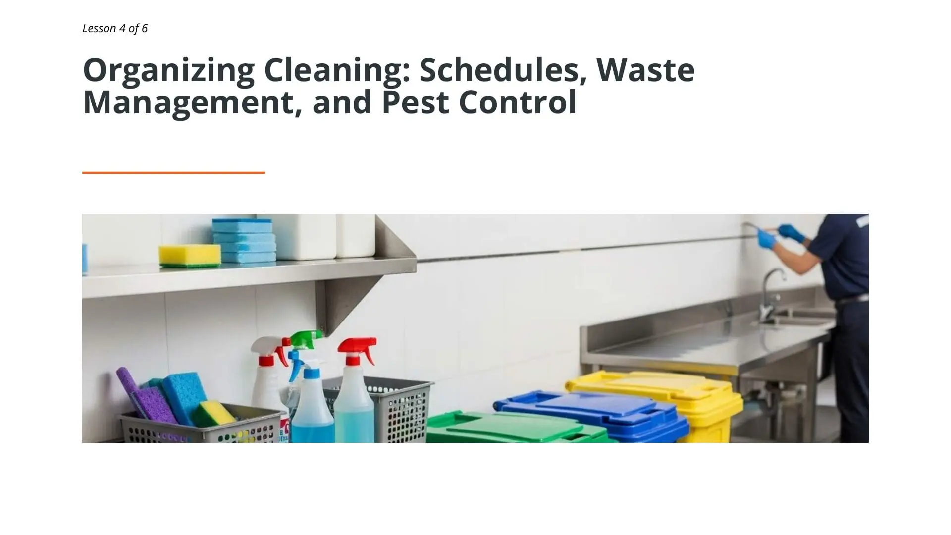 Professional kitchen cleaning supplies organized in baskets with spray bottles, colored cloths, and cutting boards on countertop during food premises cleaning training