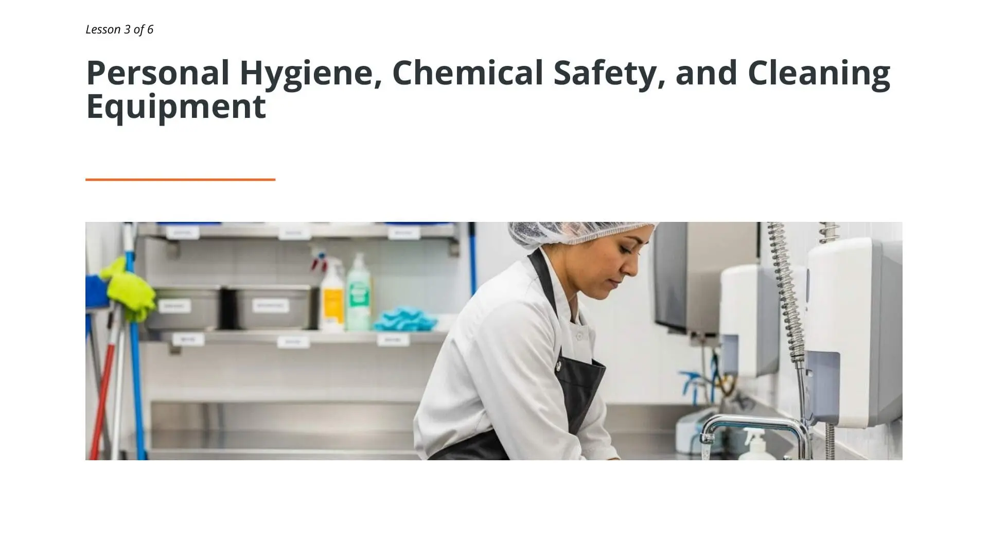 Food service worker in hairnet and apron practicing proper hygiene at kitchen sink with cleaning supplies and equipment visible in background