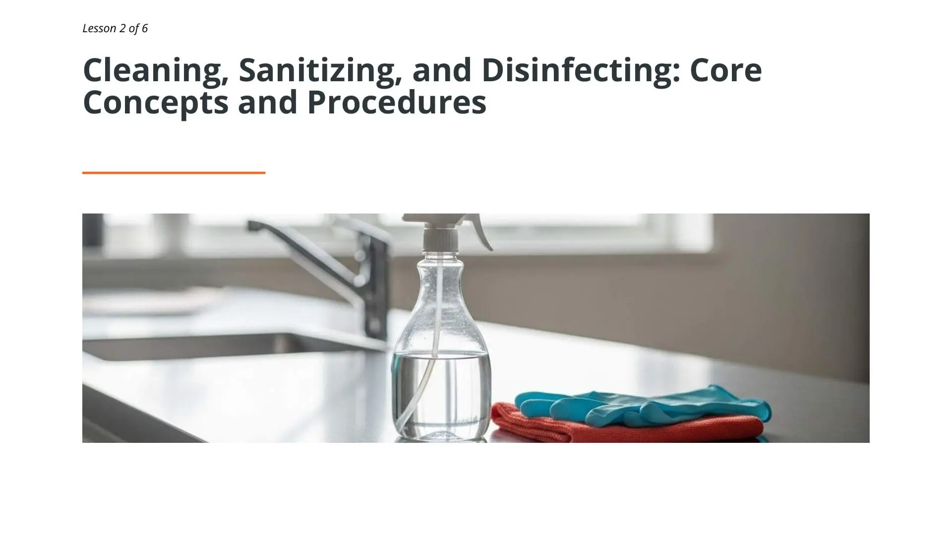 Spray bottle with clear liquid, red and teal cleaning cloths on white kitchen counter for maritime food premises hygiene training