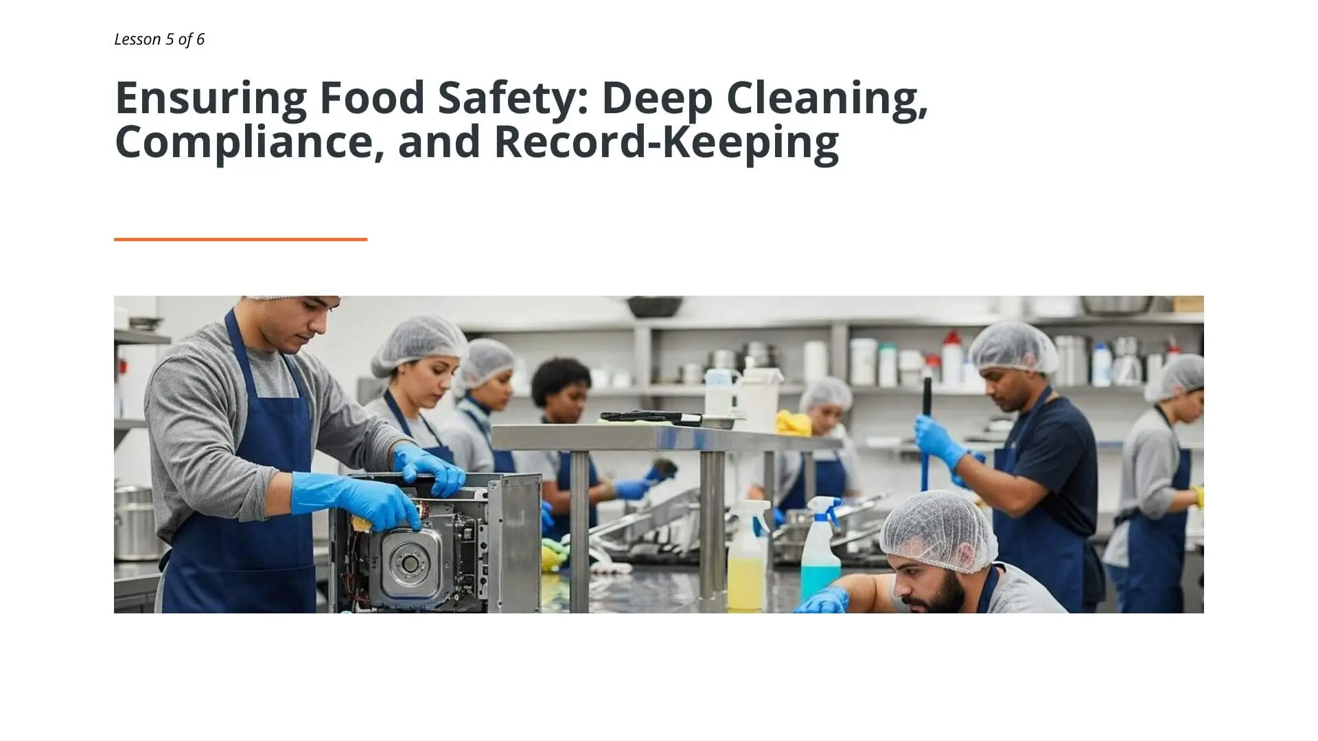 Maritime catering team performing deep cleaning and sanitation procedures in commercial food premises kitchen with proper protective equipment