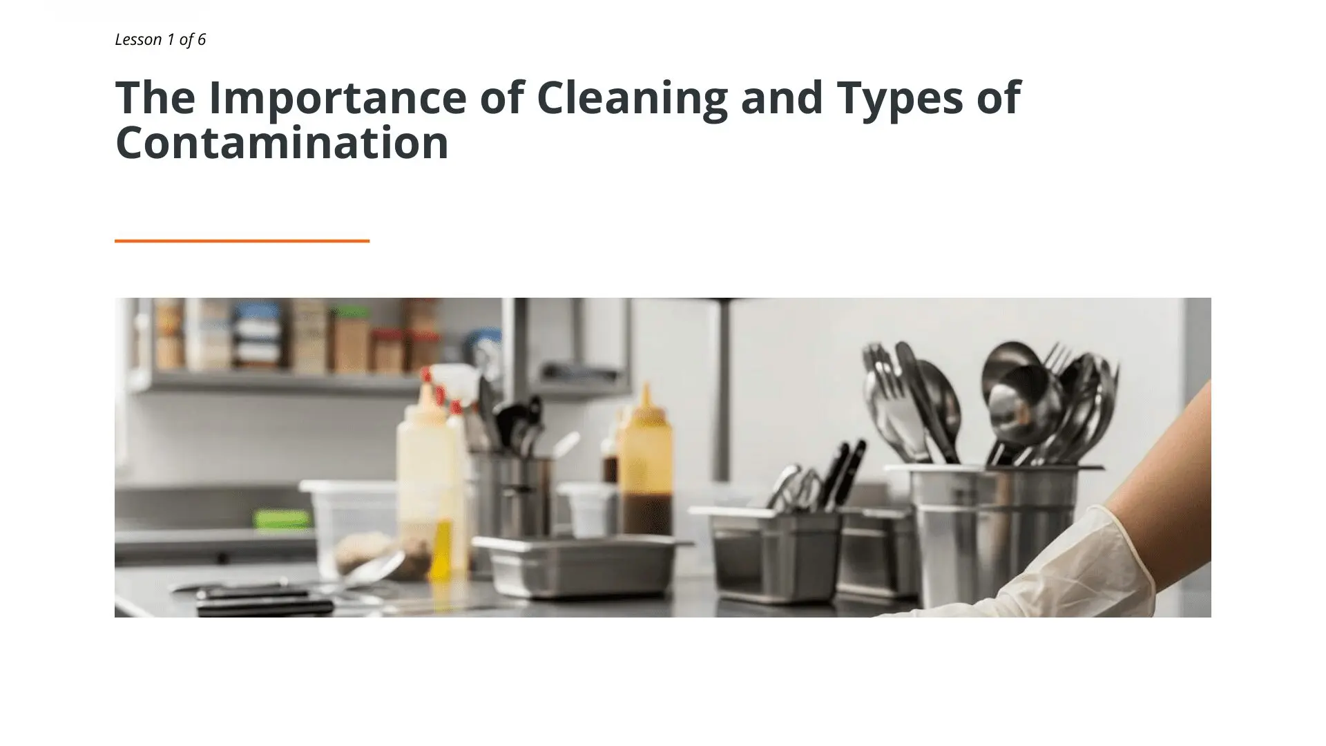Professional kitchen workspace with cleaning supplies, utensils, and a gloved hand demonstrating food premises hygiene practices for maritime catering teams