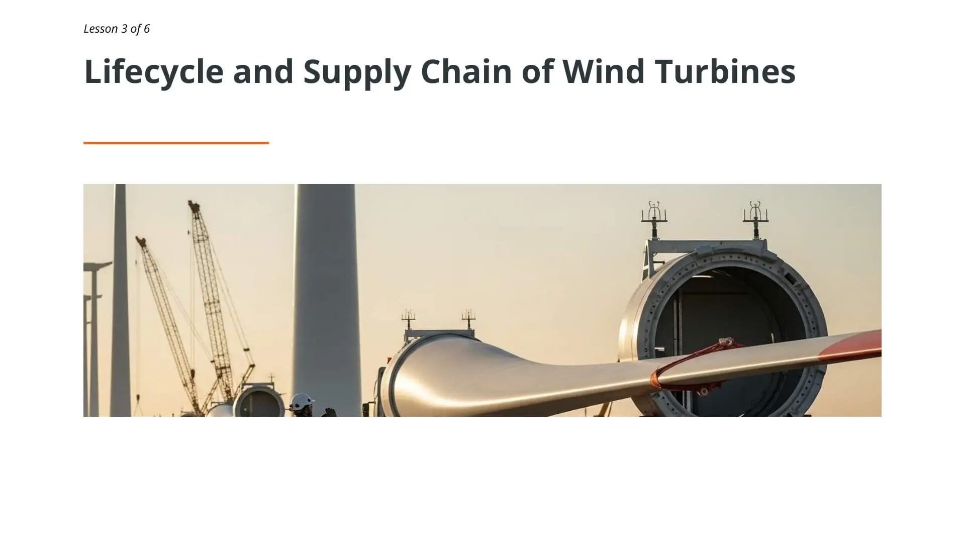 Wind turbine components including nacelle and rotor blade during offshore installation, demonstrating supply chain and lifecycle management for wind energy operations.