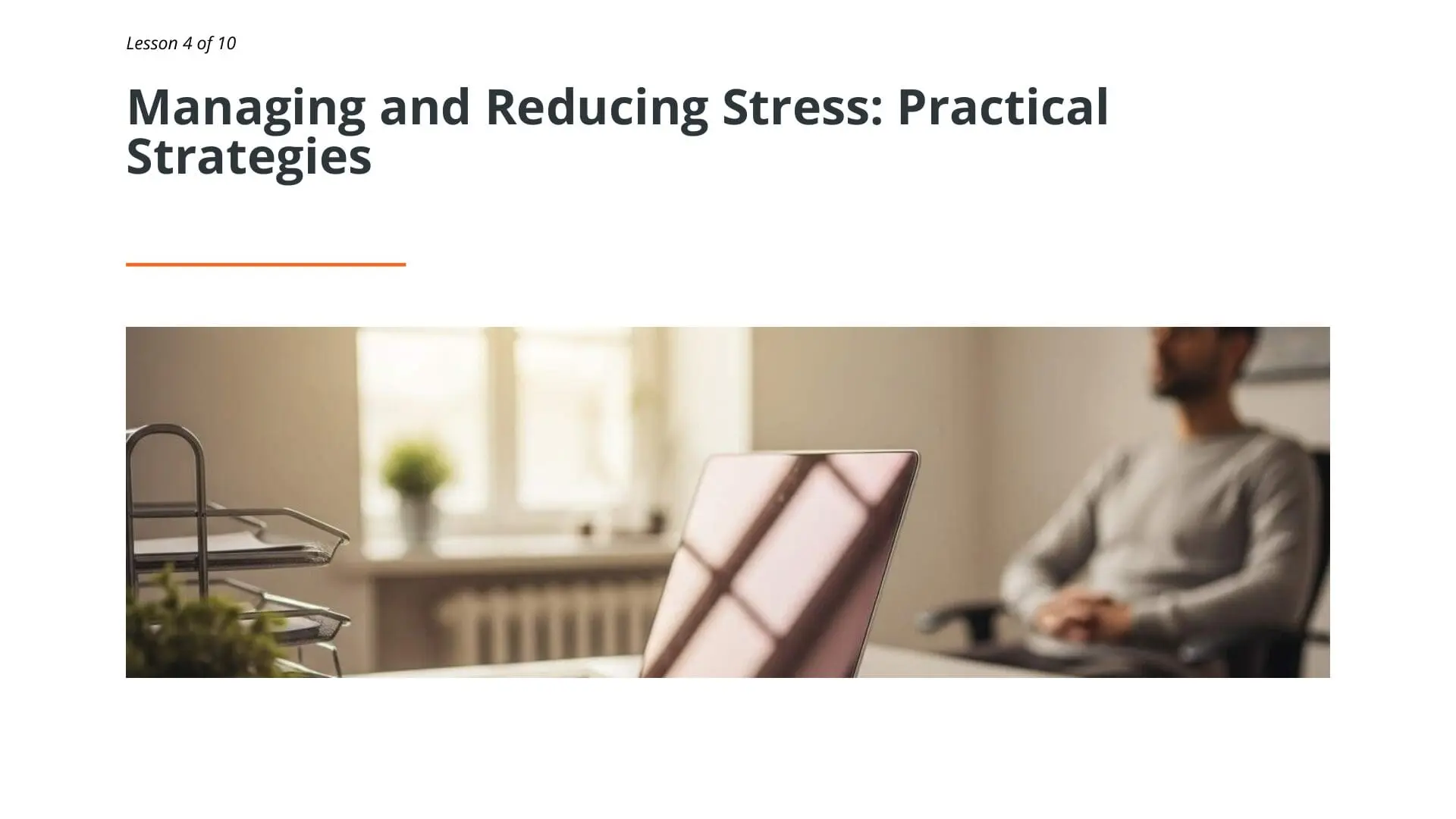 Professional working at laptop in calm office environment, demonstrating workplace stress management and resilience techniques for online training