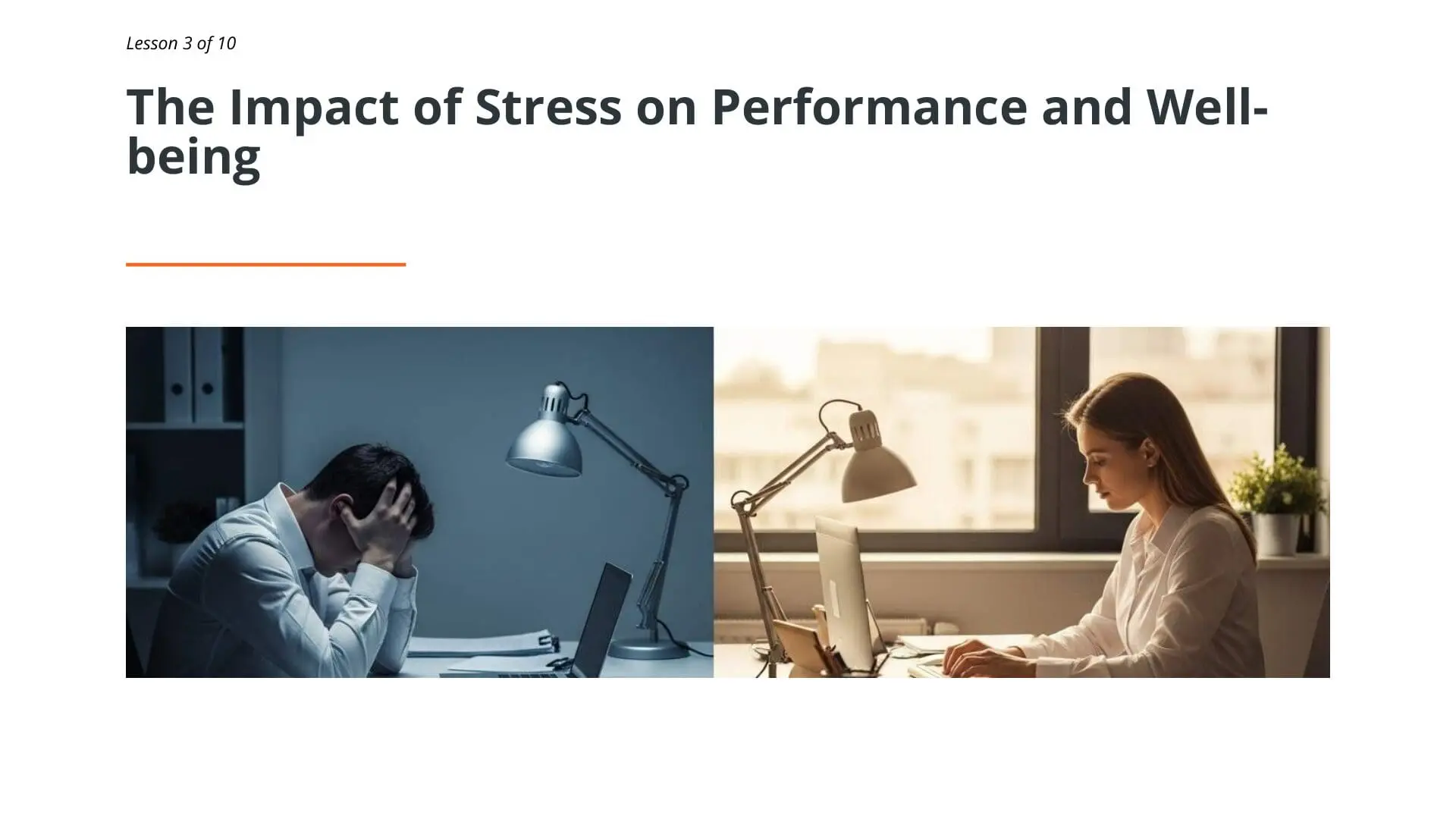 Workplace stress comparison: stressed man at desk versus calm woman working productively by window, illustrating stress management effects on employee performance and well-being