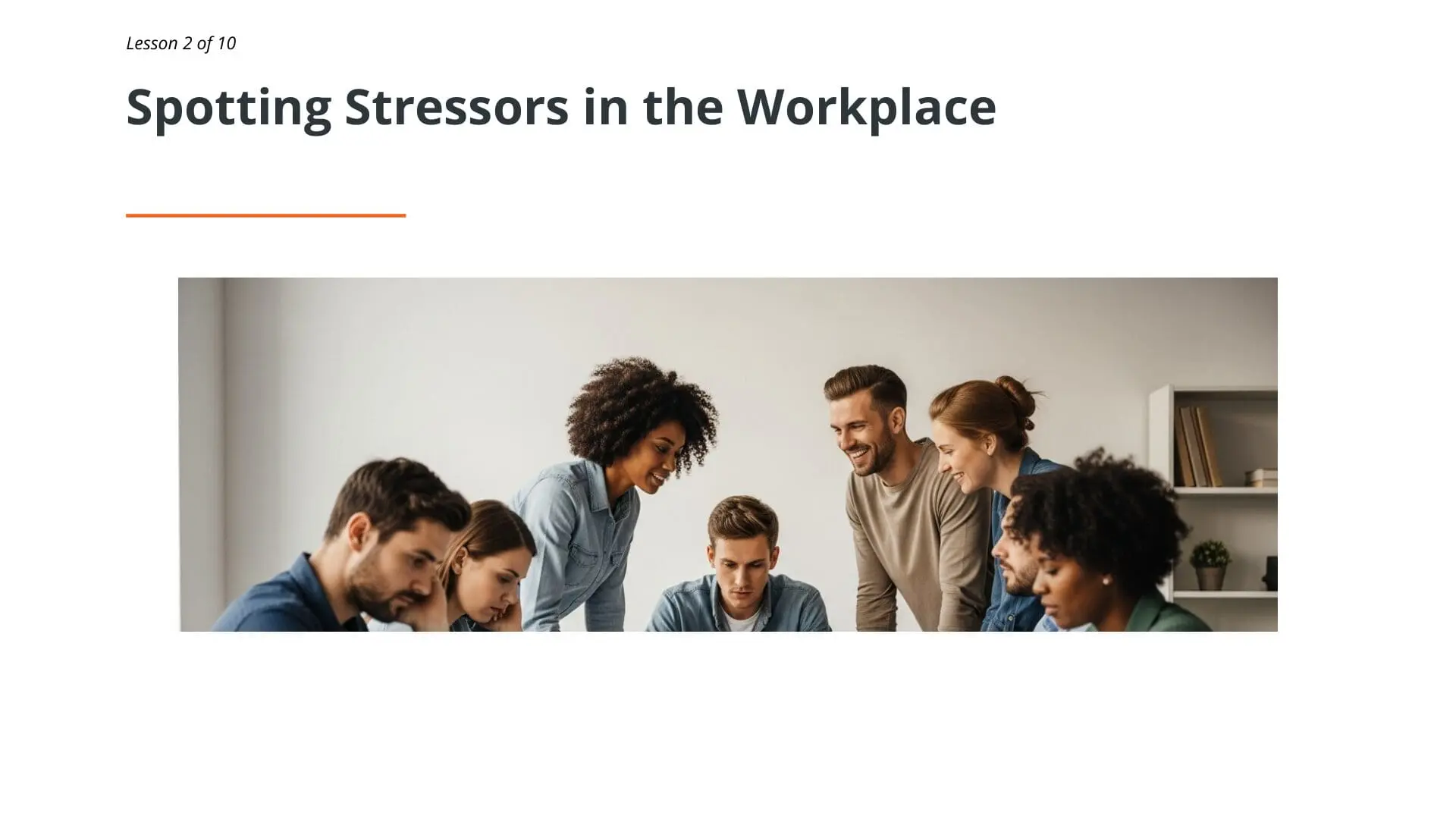 Diverse workplace team collaborating together, demonstrating stress awareness and healthy communication in professional environment for online training