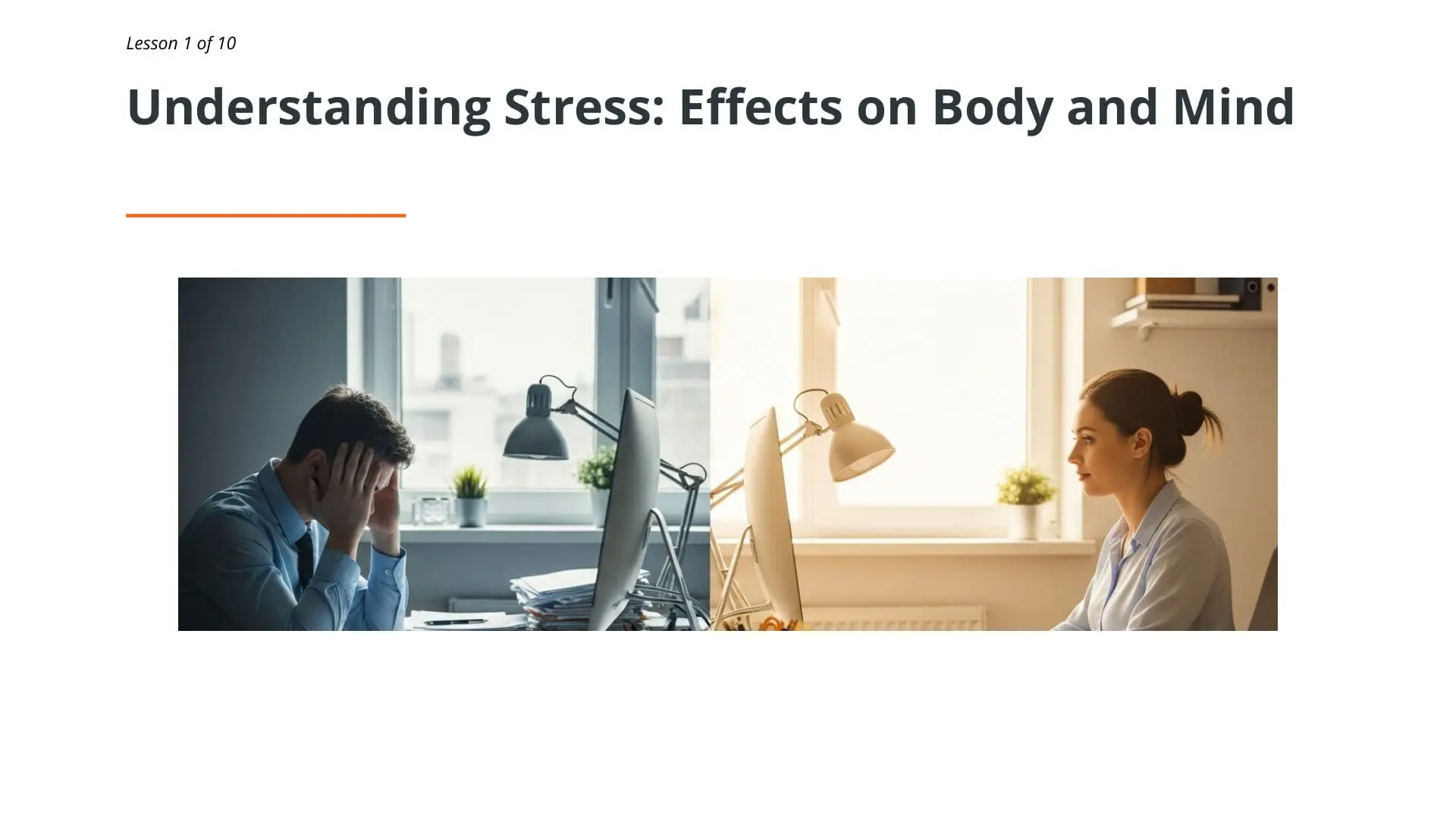 Stressed male office worker at desk with hand on face in modern workplace. Stress awareness and resilience training lesson.