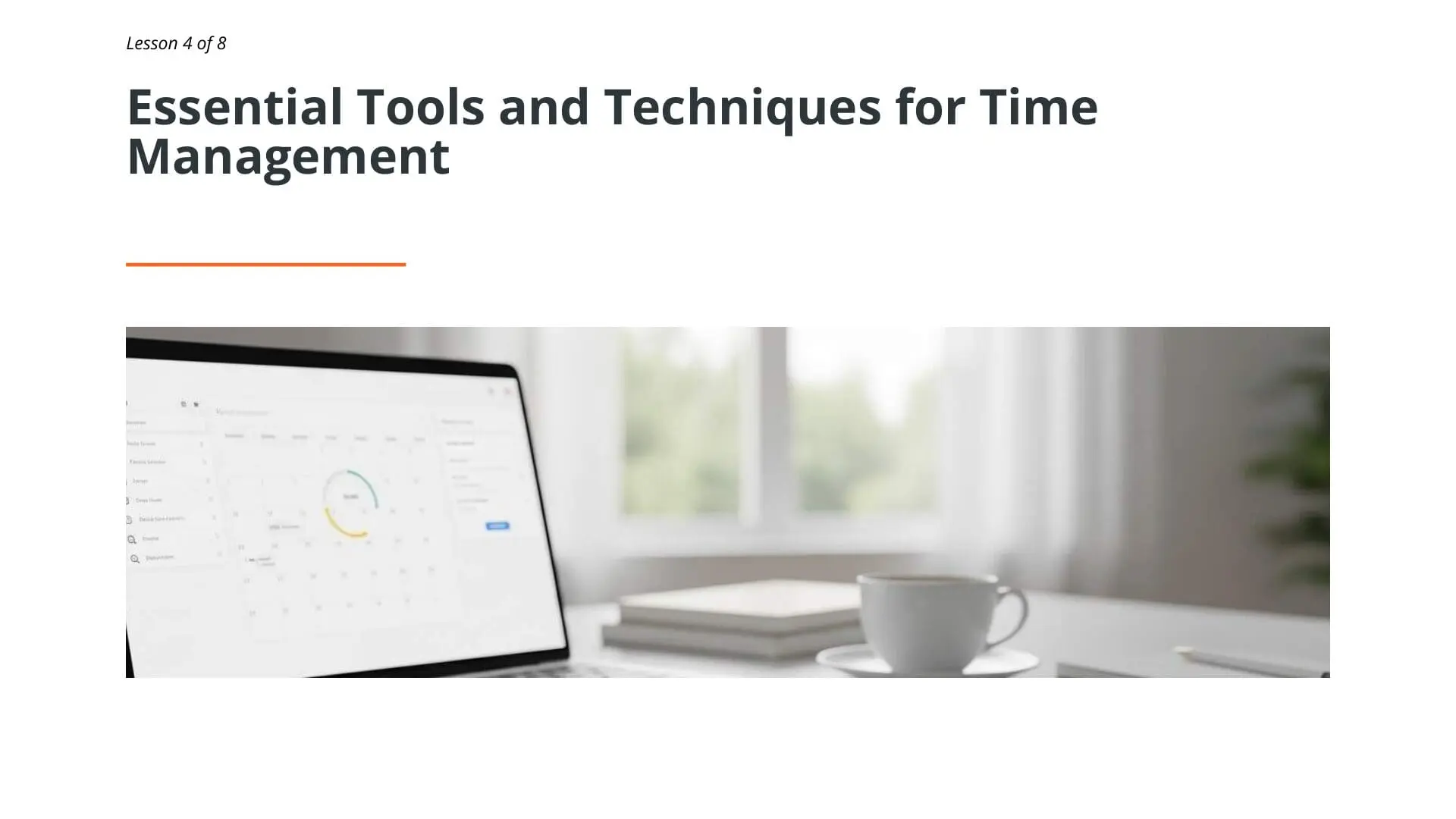 Laptop displaying time management dashboard with analytics charts, coffee cup and notebooks on desk by window for maritime professional training
