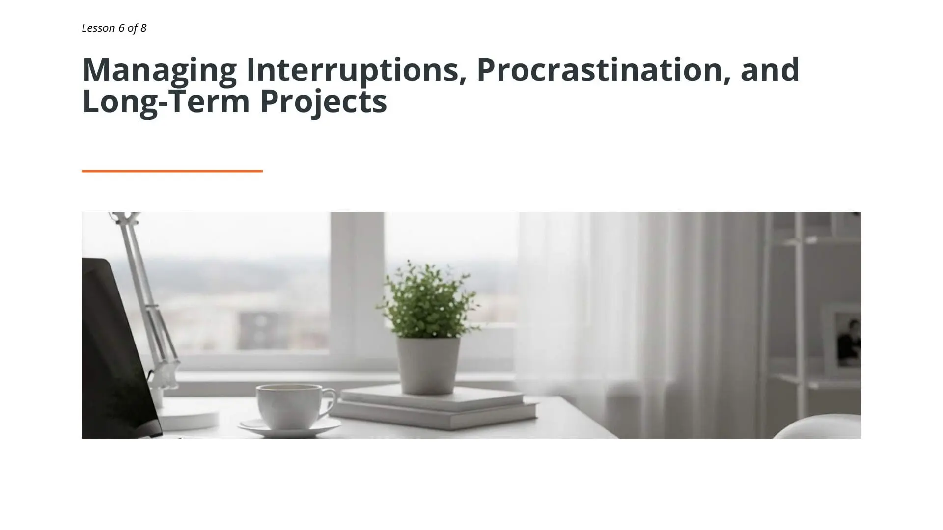 Clean minimalist office desk with laptop, coffee cup, potted plant, and notebook overlooking city skyline for time management training