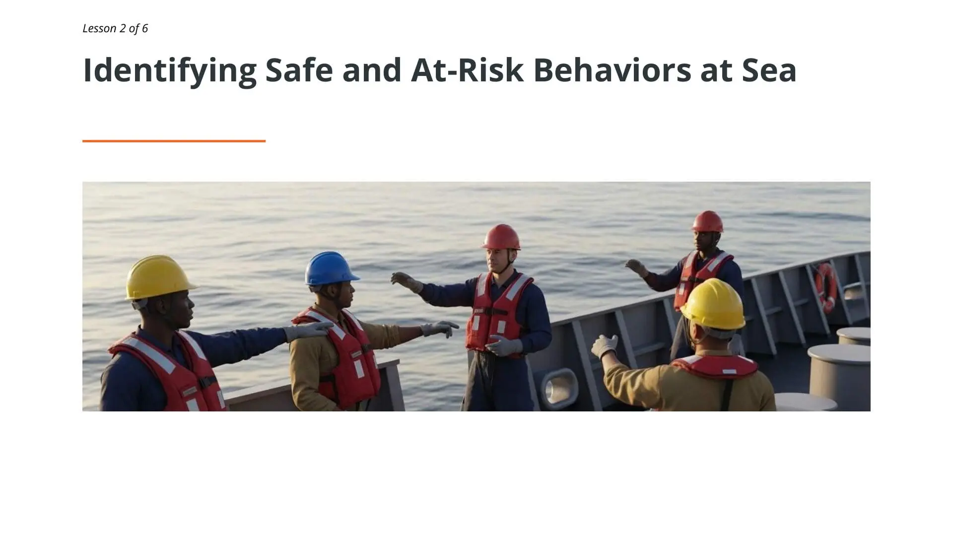 Maritime workers wearing hard hats and life vests conduct safety briefing on ship deck, demonstrating safe maritime behavior and crew communication practices