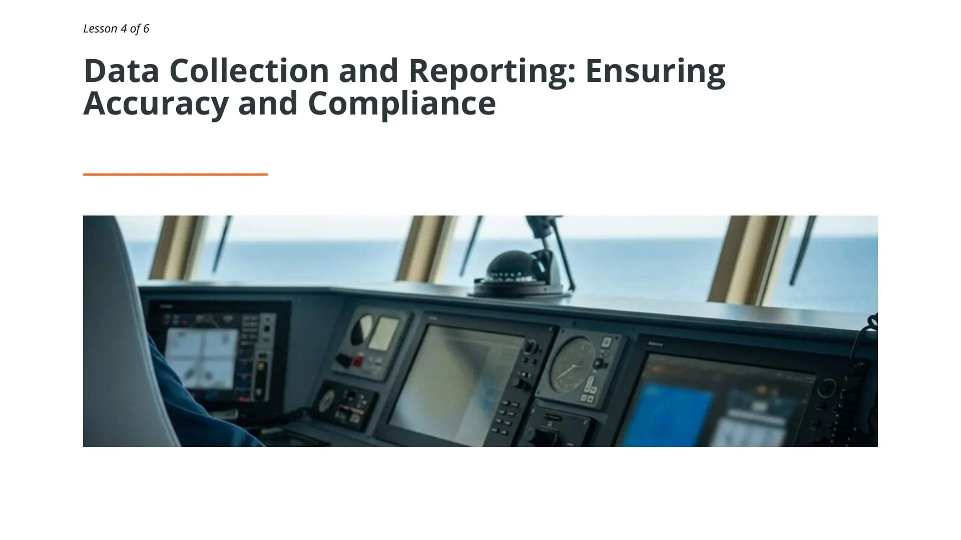 Maritime ship bridge cockpit with multiple navigation displays and monitoring instruments for vessel data collection and operational compliance reporting