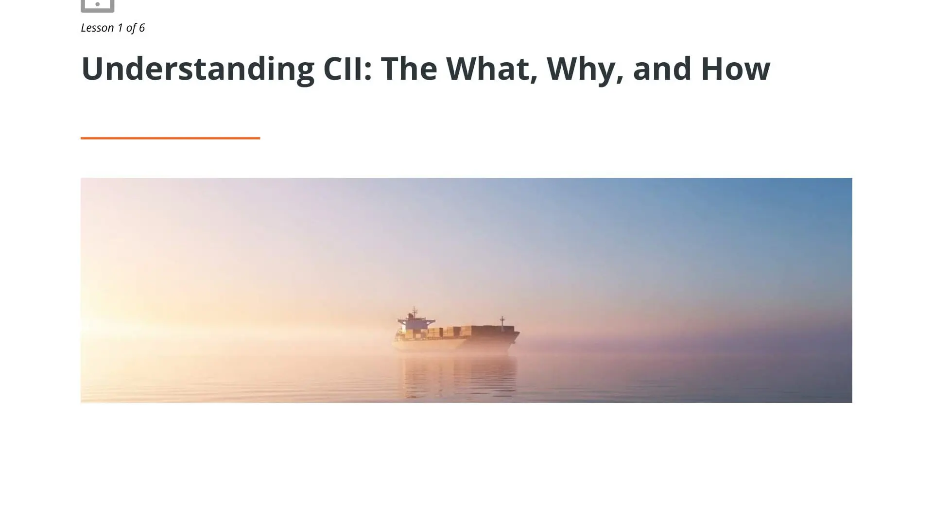 Container cargo ship navigating calm waters at sunrise, representing maritime operations and CII regulation compliance for commercial shipping