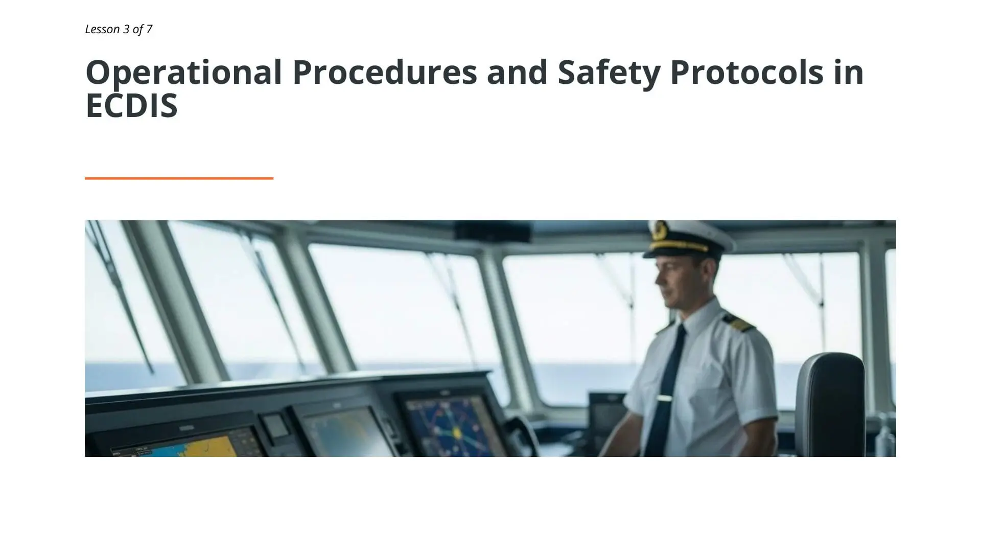 Captain at ship bridge monitoring ECDIS electronic chart display system during maritime navigation and watchkeeping operations
