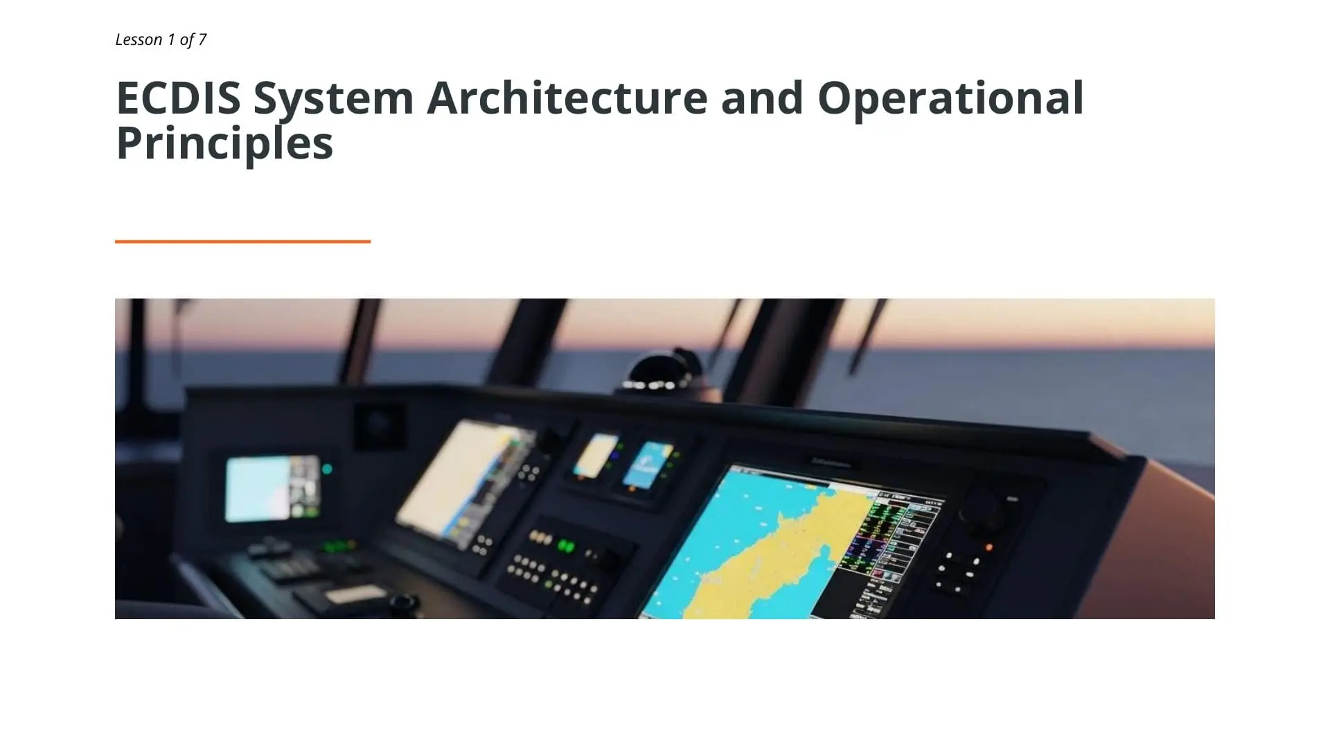 Ship bridge ECDIS console showing electronic chart display with navigation data and coastal mapping for maritime navigation training