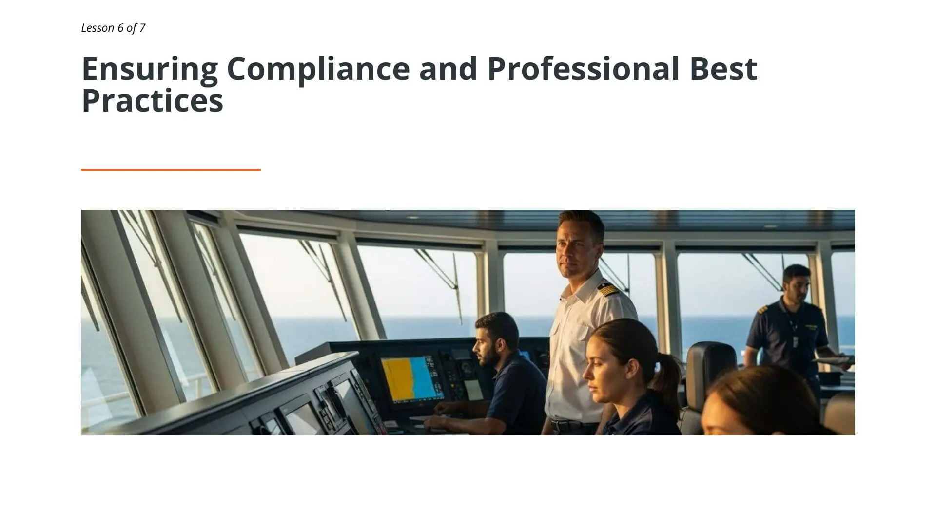 Ship bridge crew monitoring electronic chart display systems with captain supervising navigation operations at sea