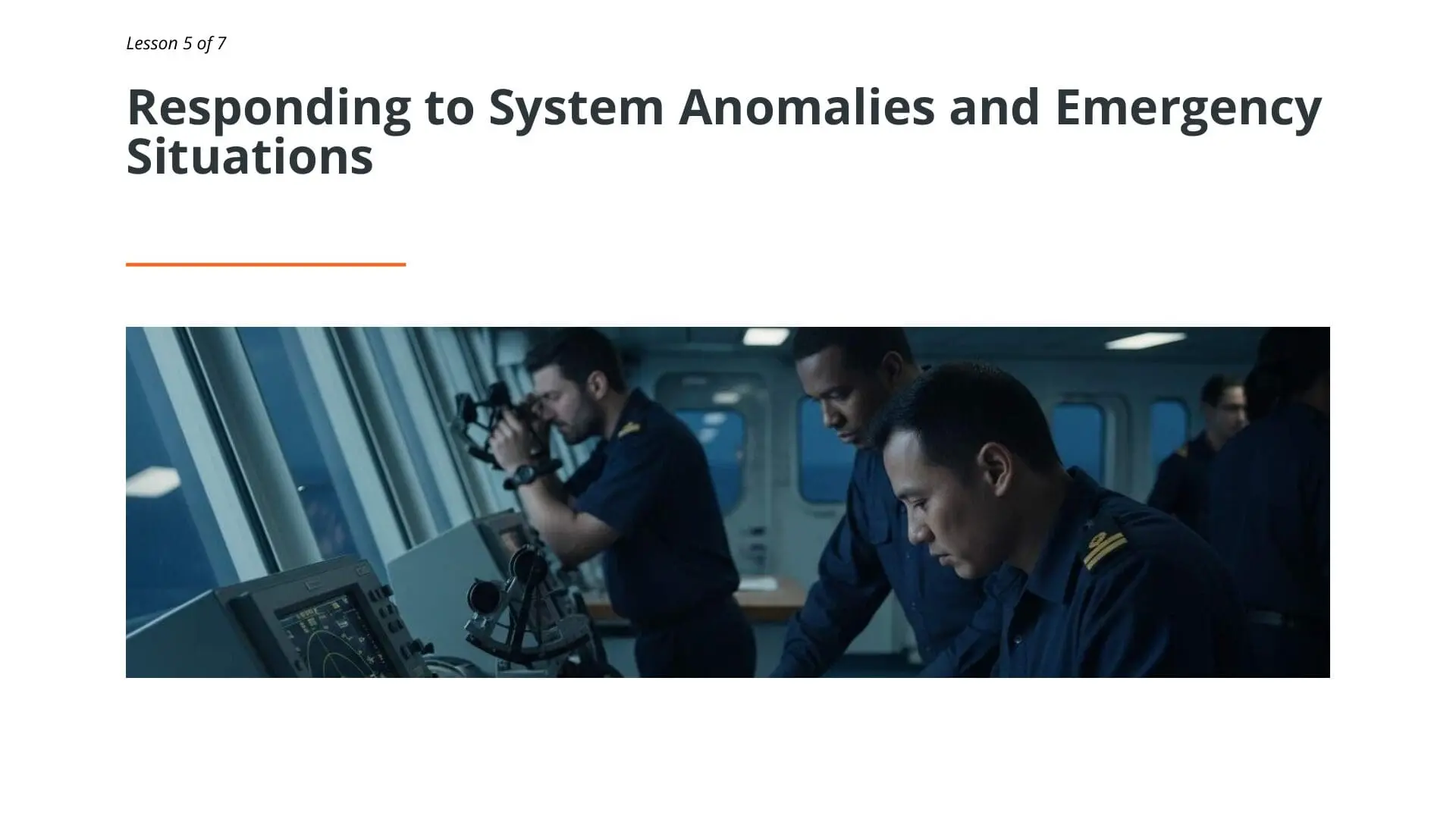 Uniformed maritime officers operating ECDIS electronic chart display systems in ship control room during lesson 5 of 7