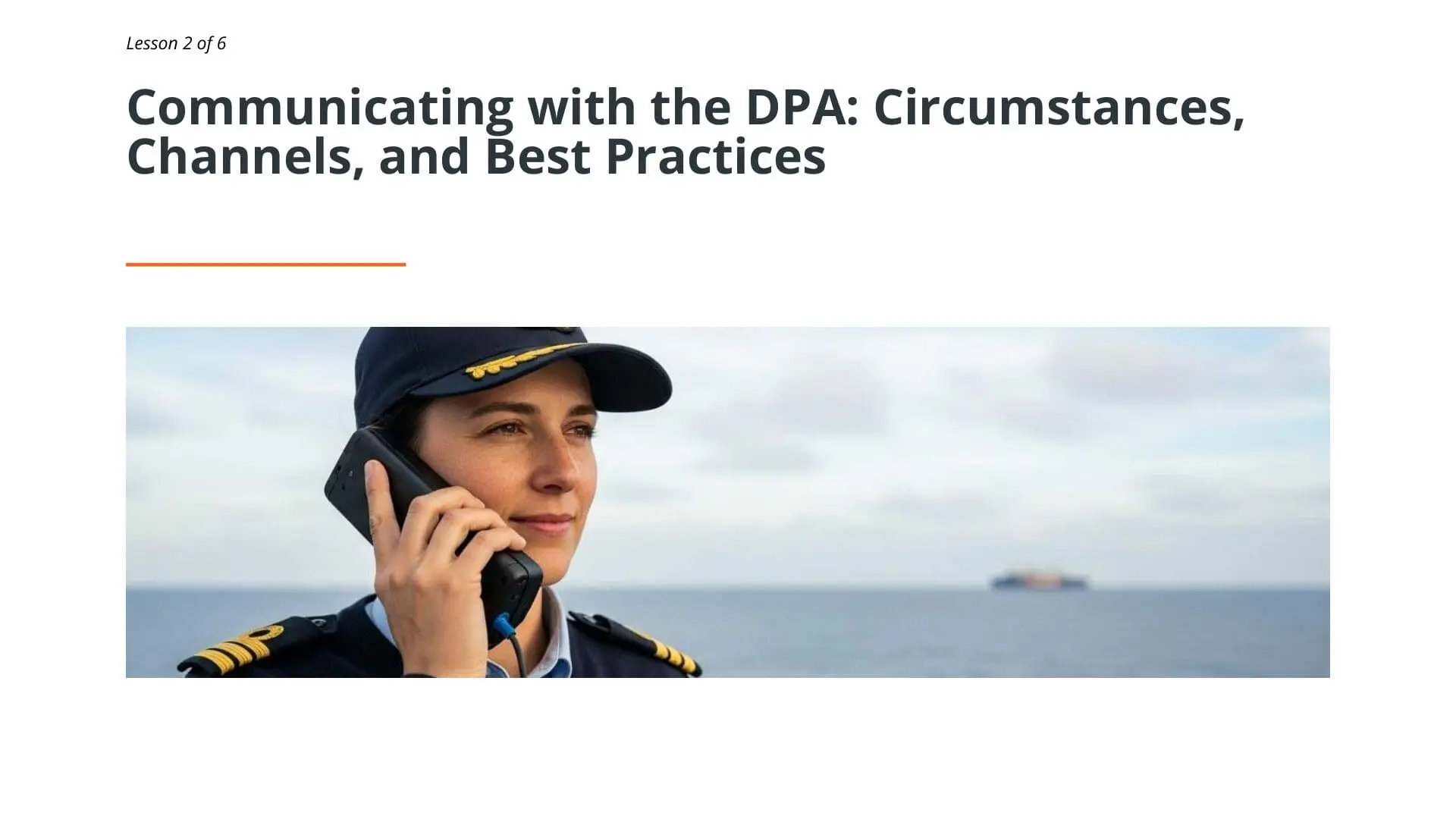 Maritime officer in uniform communicating via radio phone at sea, illustrating DPA communication protocols and best practices for effective collaboration